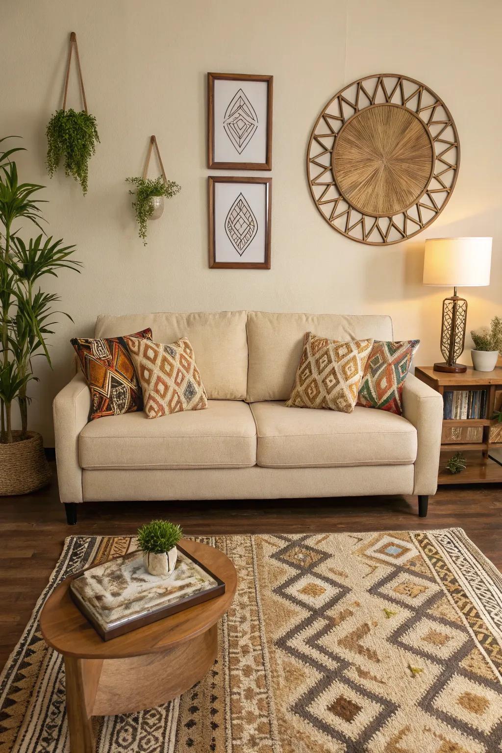 Geometric patterns bring modern flair to a beige couch living room.