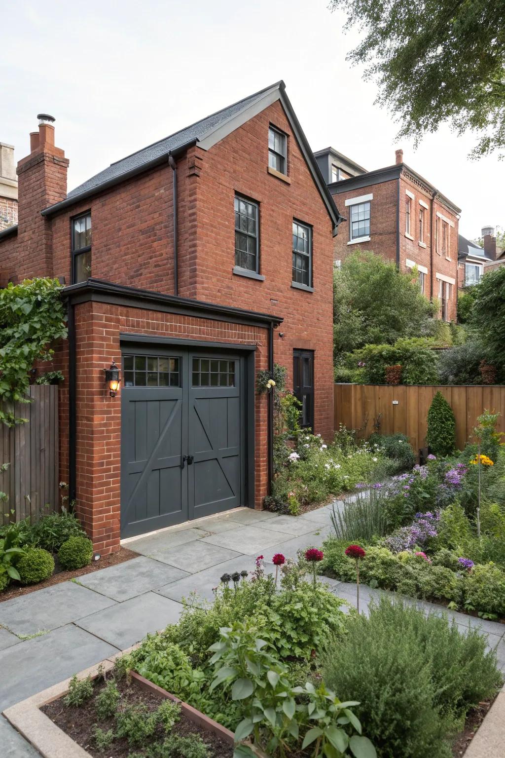 Charcoal gray garage doors provide an urban chic style to red brick homes.