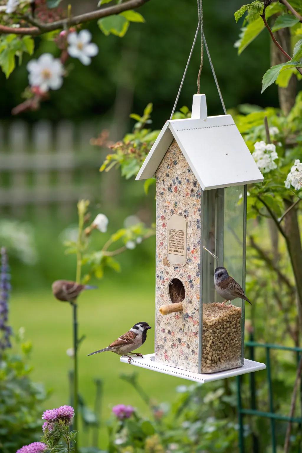 Welcome birds with carton bird feeders.