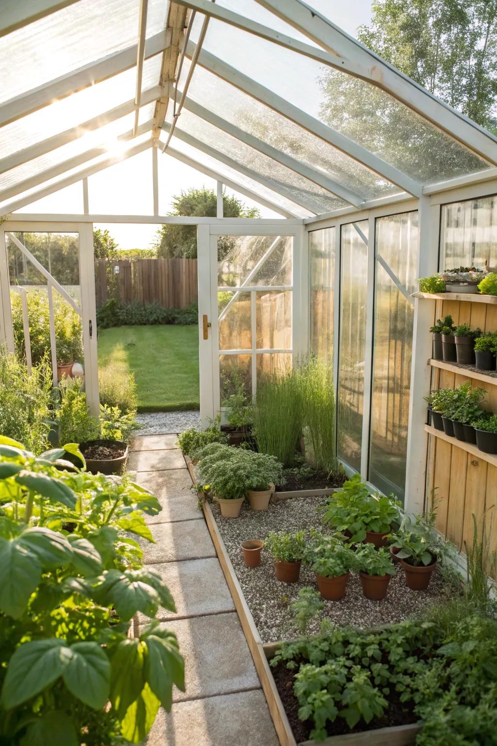 A greenhouse allows for year-round gardening and plant growth.