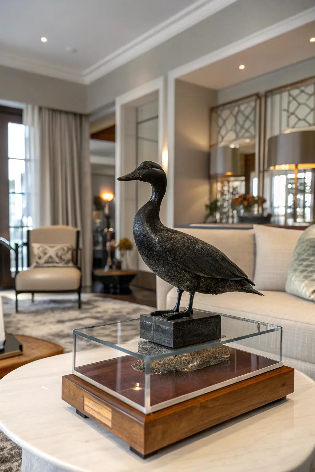 A black duck mount showcased with mixed materials for added interest.