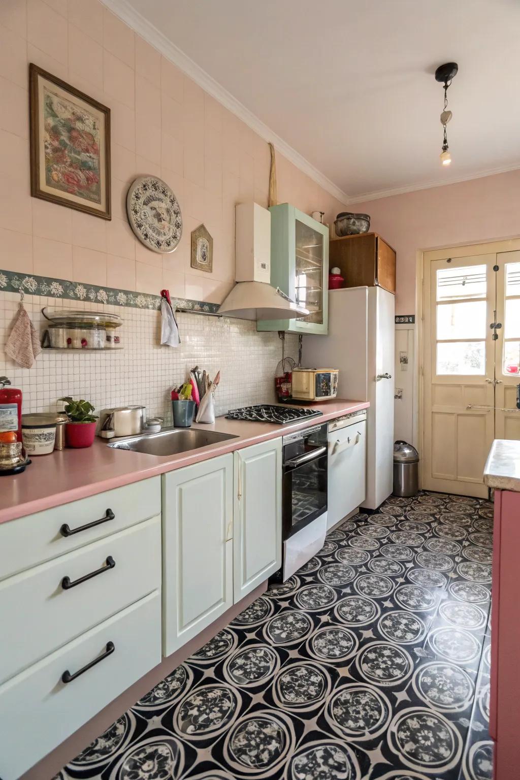 A vintage-inspired kitchen with black patterned floor tiles.