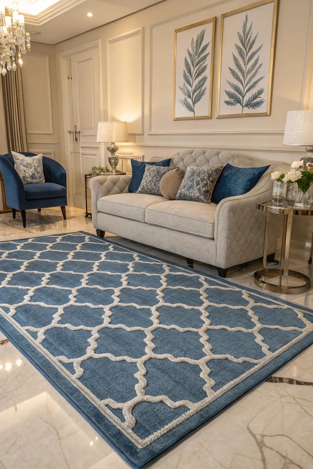 A blue and silver rug grounds this stylish living room, serving as a visual centerpiece.