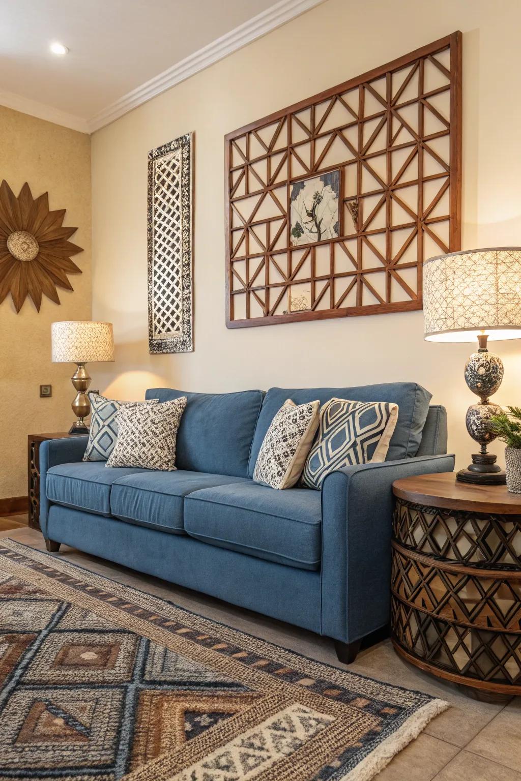 Geometric patterns introduce modernity to a blue sofa setting.