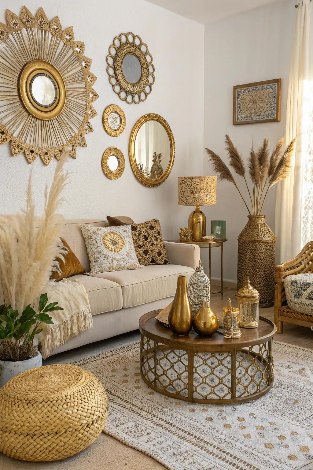 Gold accents elevate the boho aesthetic.