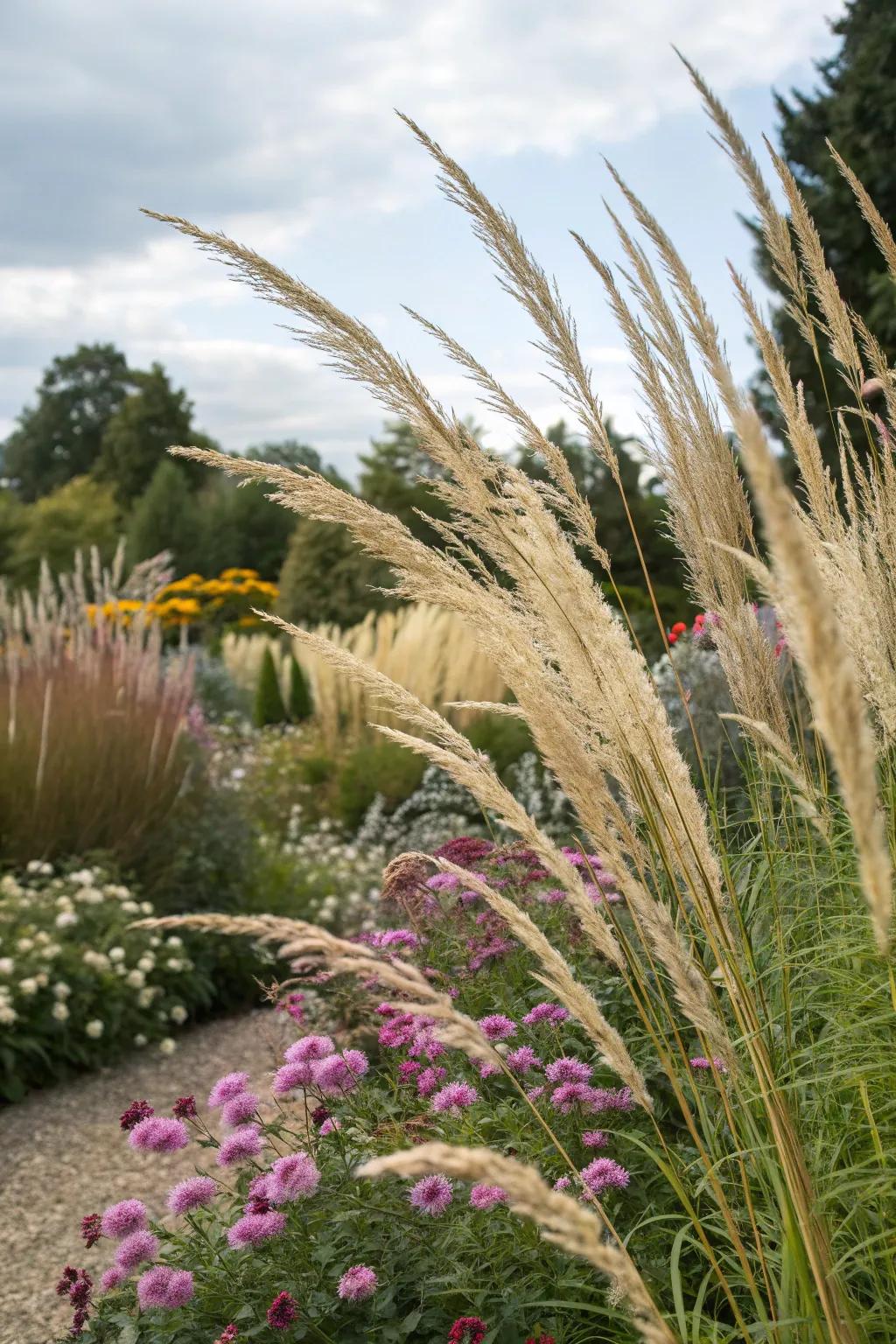 Tall grasses add height and drama as a garden backdrop.