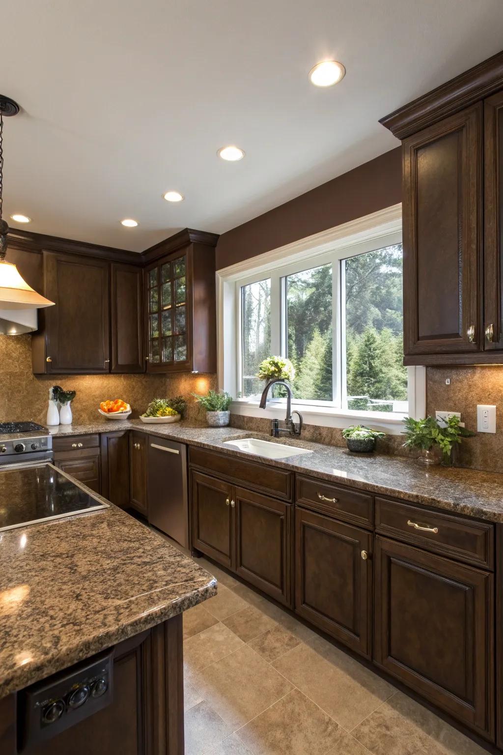 Espresso walls enhance the luxurious feel of brown granite.