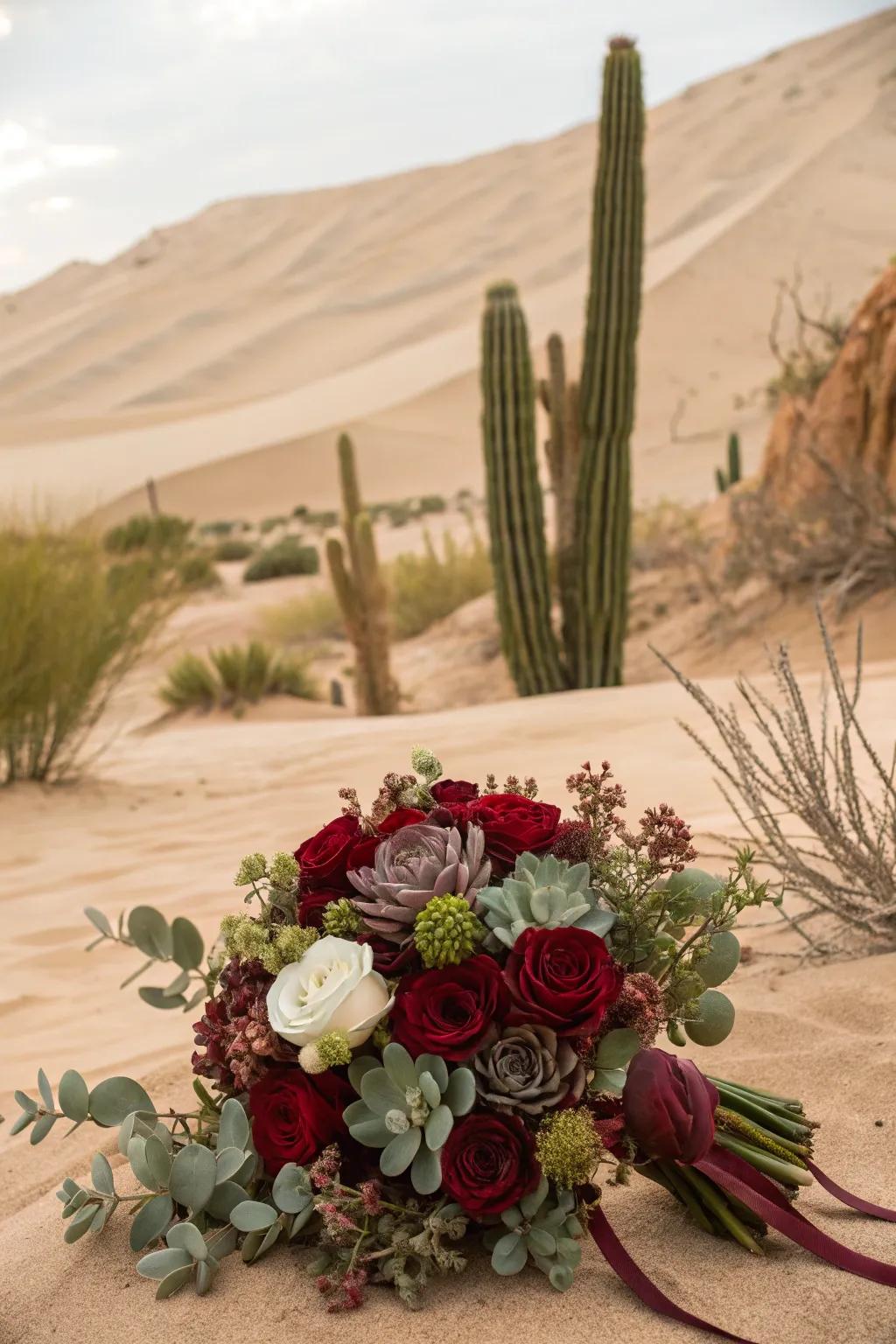 Deep red flowers with unique fleshy plant accents.