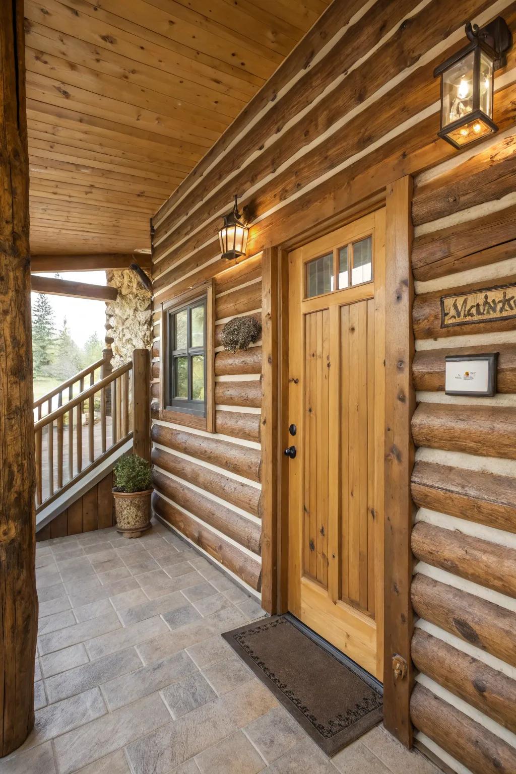 Wood slats creating a textured, modern look in the entryway.