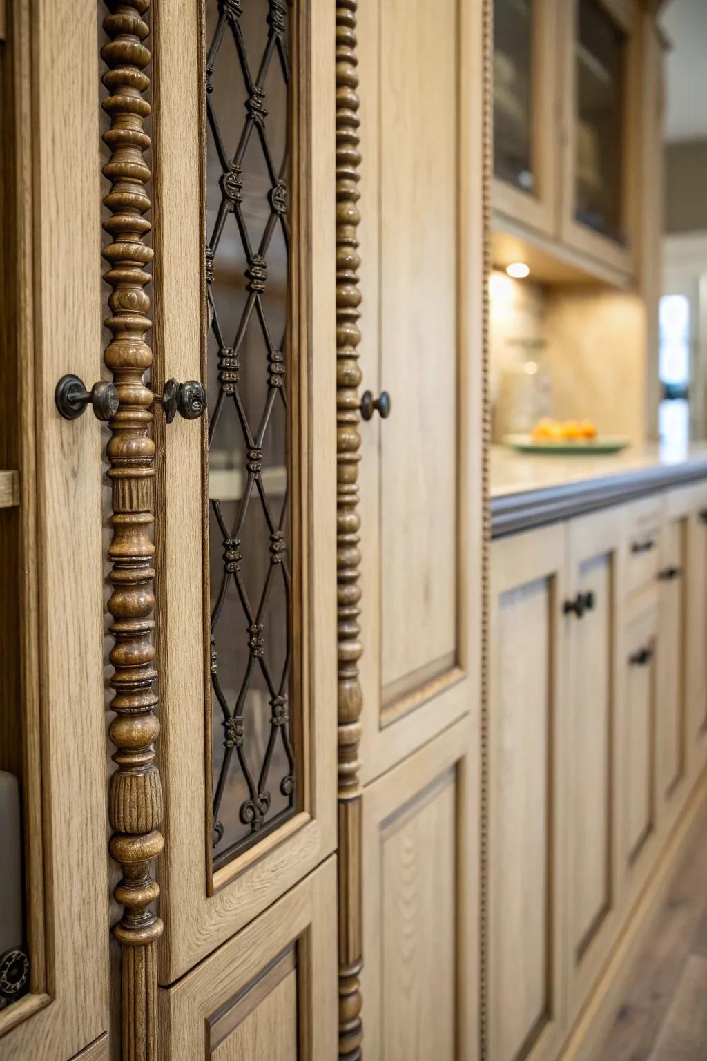 Spindle designs add traditional charm to cabinet doors.