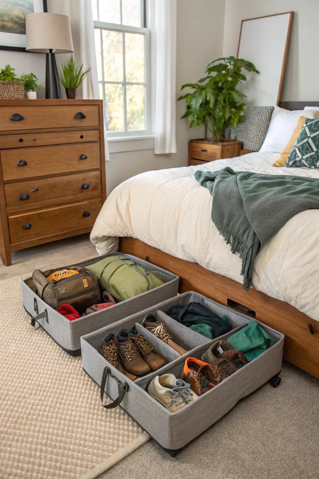 Under-bed storage offers a discreet solution for bulky camping gear.