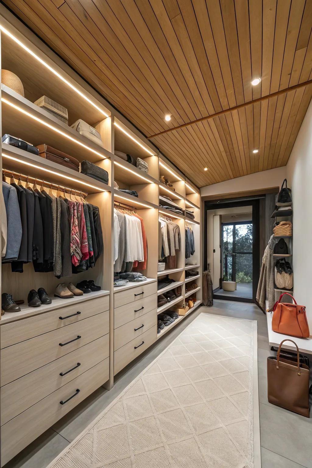 A walk-in wardrobe showcasing an amber canopy, transmuting it into a vogue getaway.