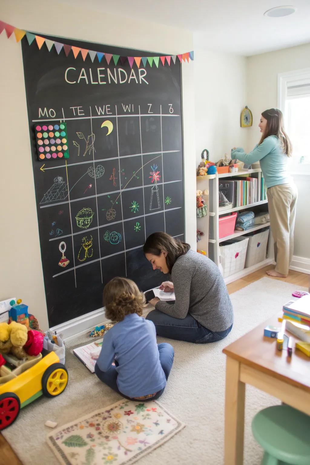 A chalkboard calendar helps teach organization.