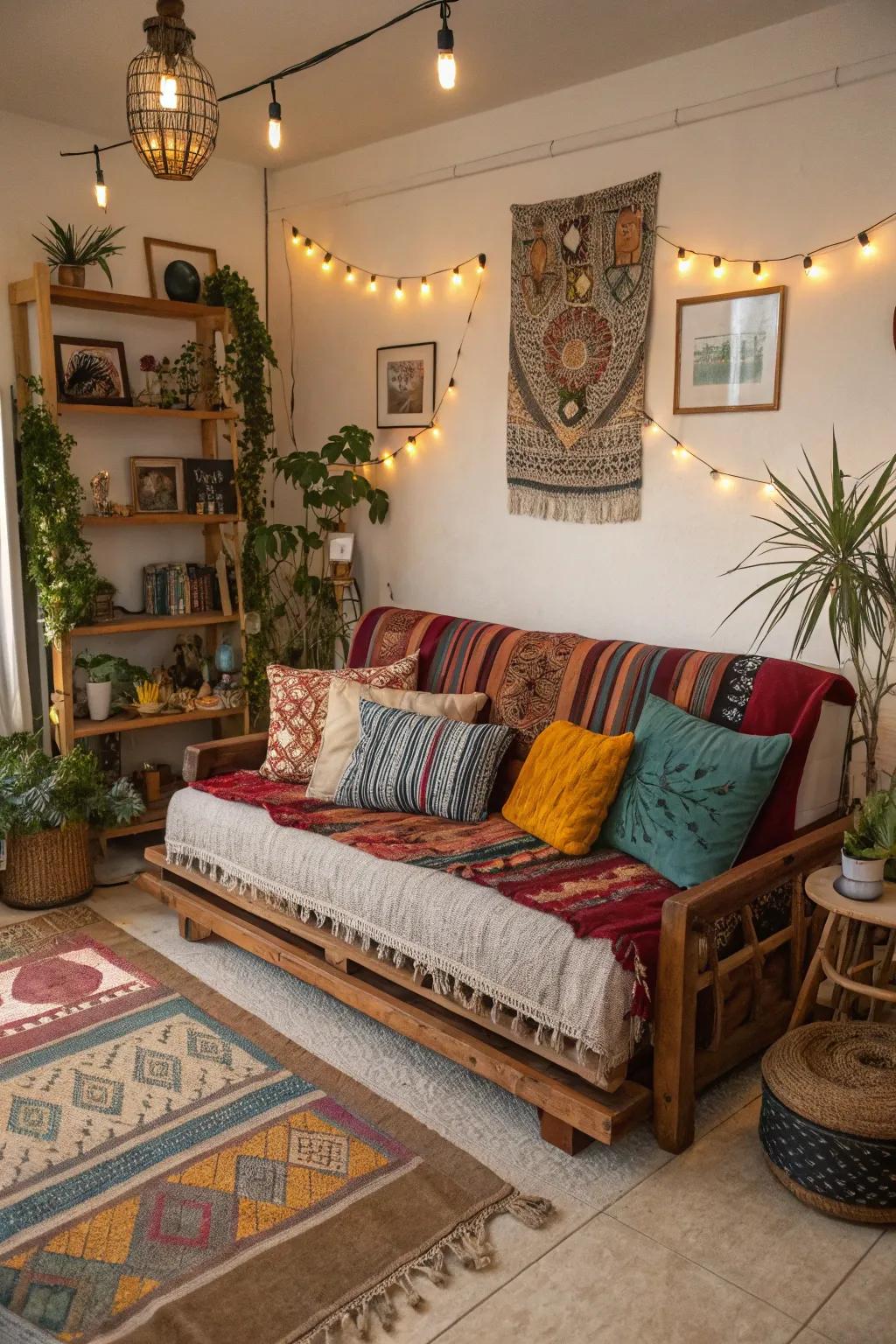 Repurposed mattresses create unique and comfy seating.