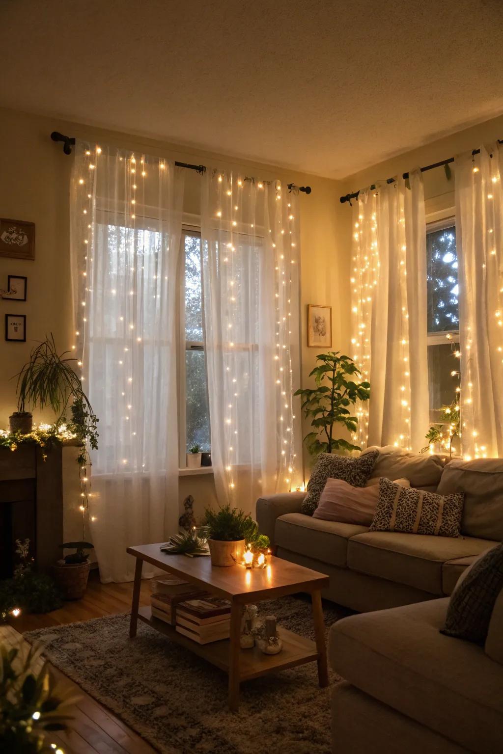 Drape lights imparting a magical flair to the living area.
