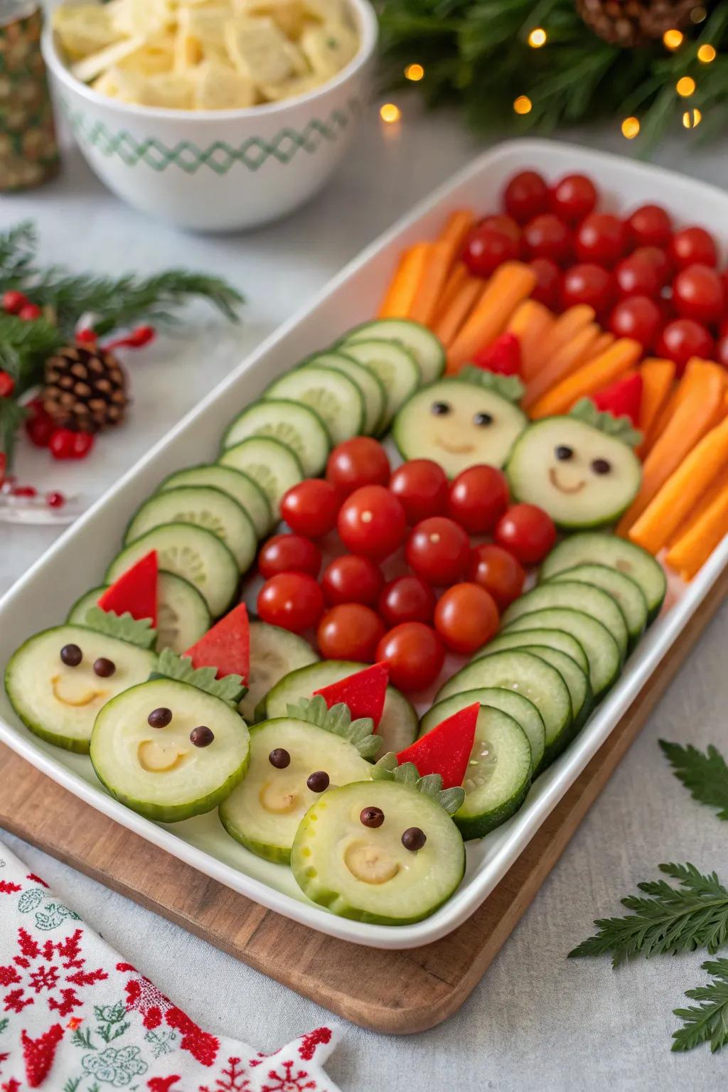 Cheerful elf veggie faces to bring joy to your holiday table.