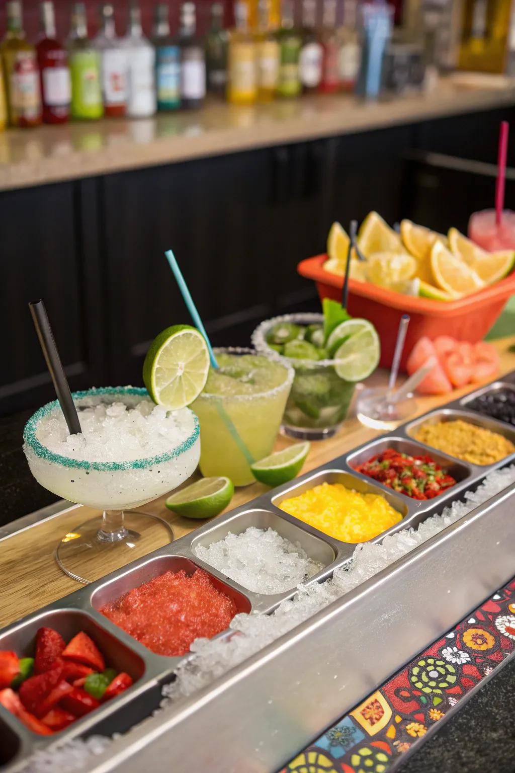 A festive margarita bar offering a variety of flavors and garnishes.