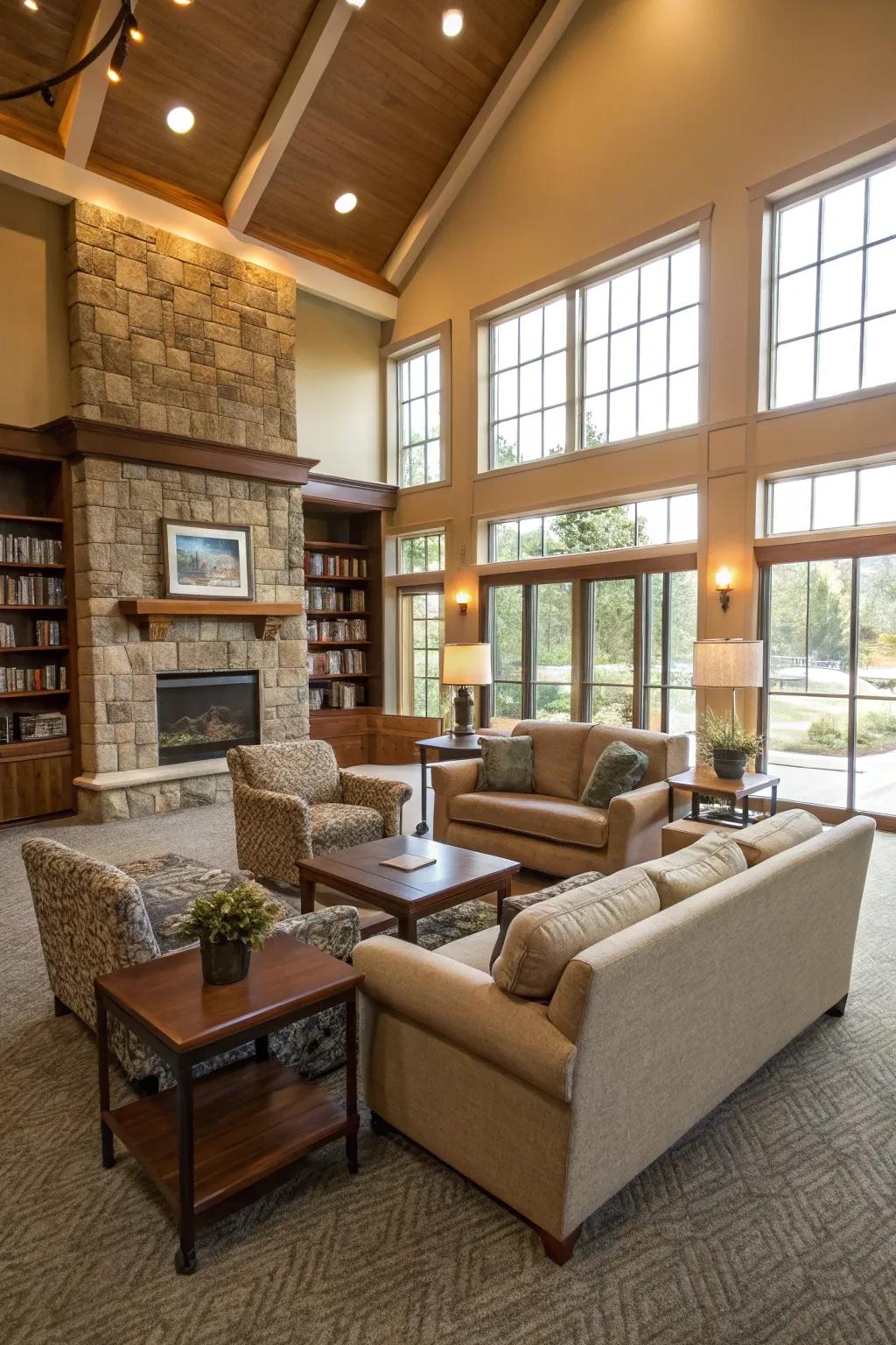 Oversized furniture creating a luxurious feel in a clubhouse.