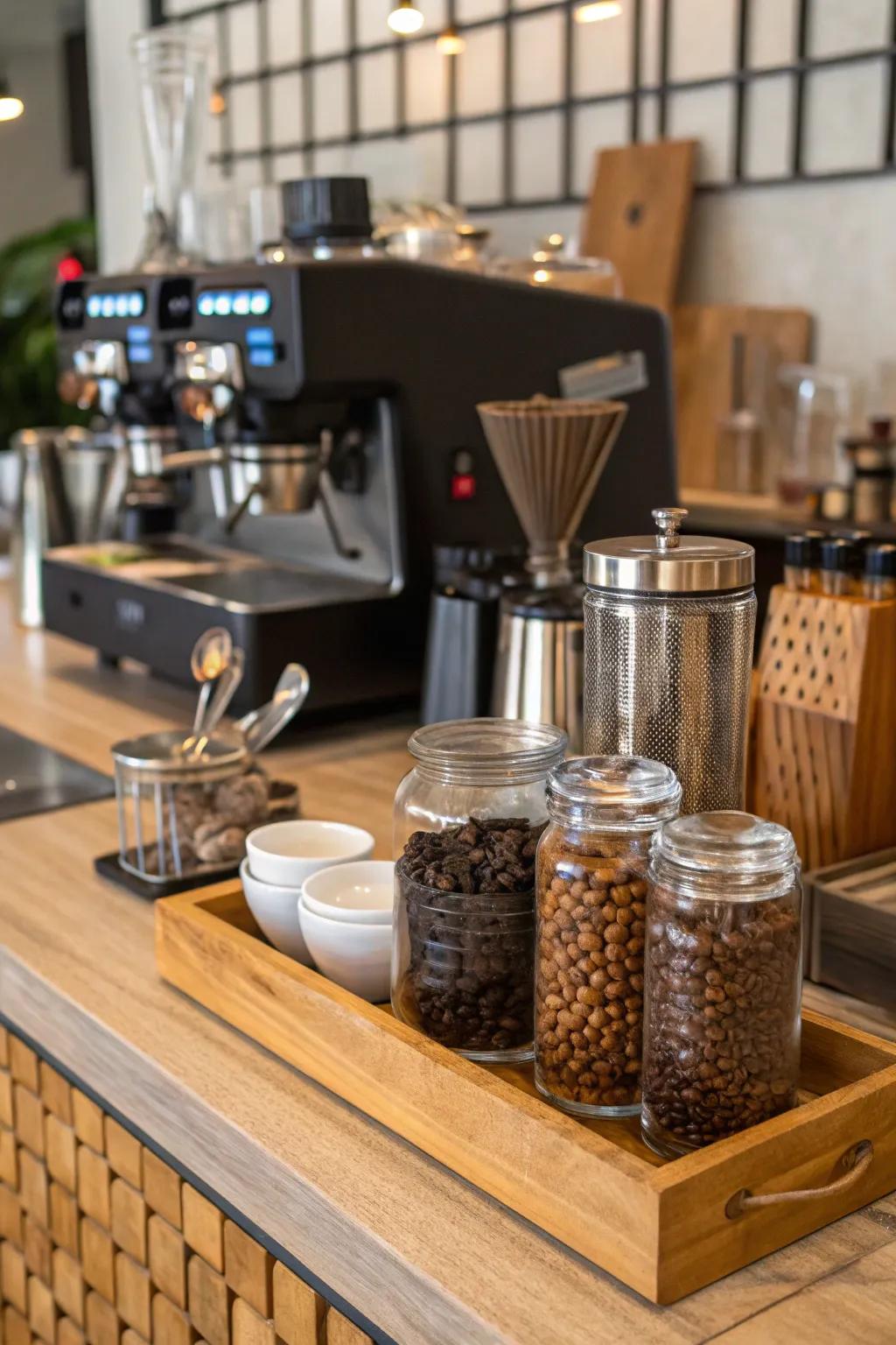 Combining textures for a visually dynamic coffee station.