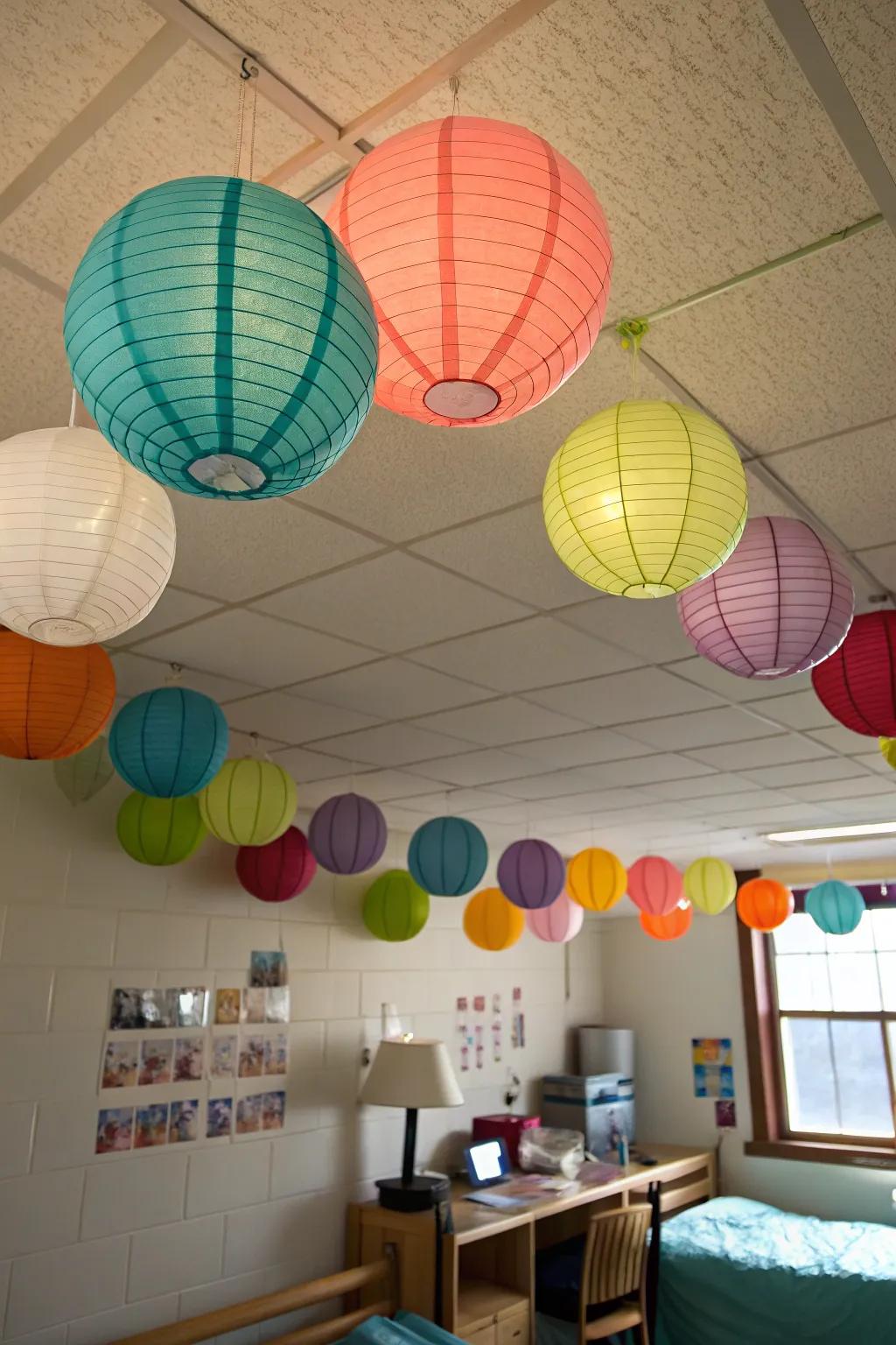 Paper lanterns add a whimsical touch to your dorm.