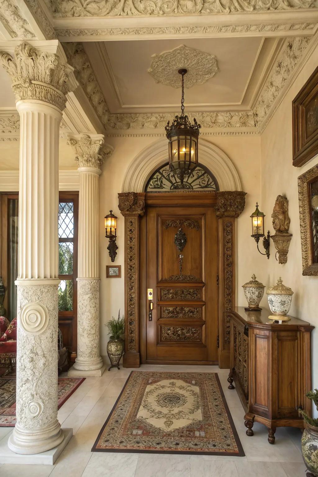 Antique accessories add personality to this colonial entryway.