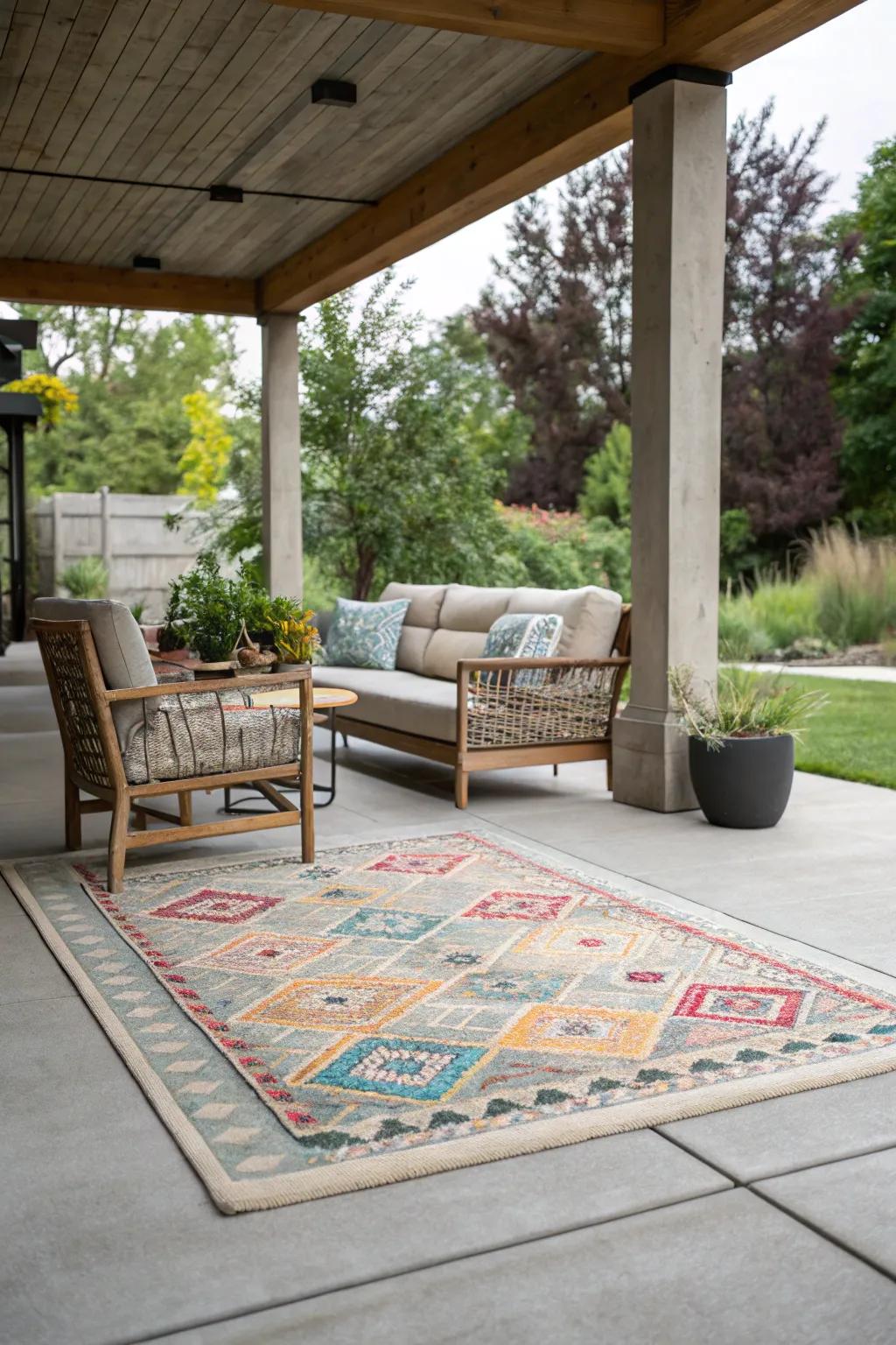 Outdoor rugs add comfort and style.