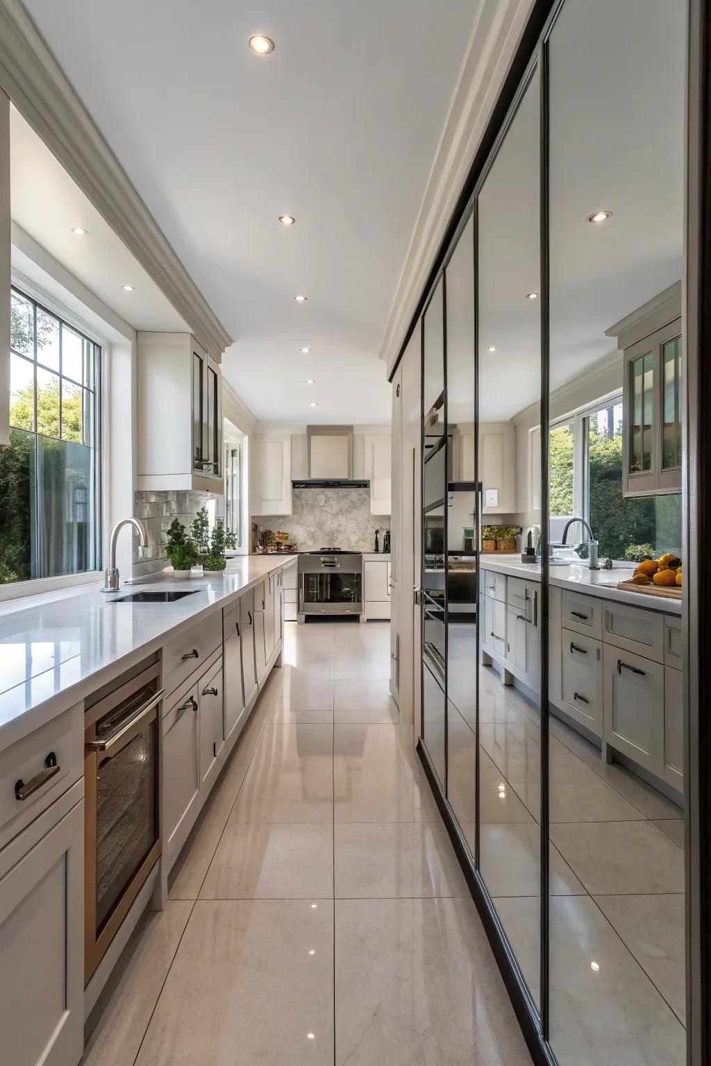 Mirrored end caps that enhance light and space in the kitchen.