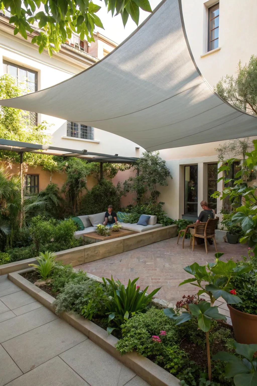 A sunken seating area provides a shaded and intimate retreat.