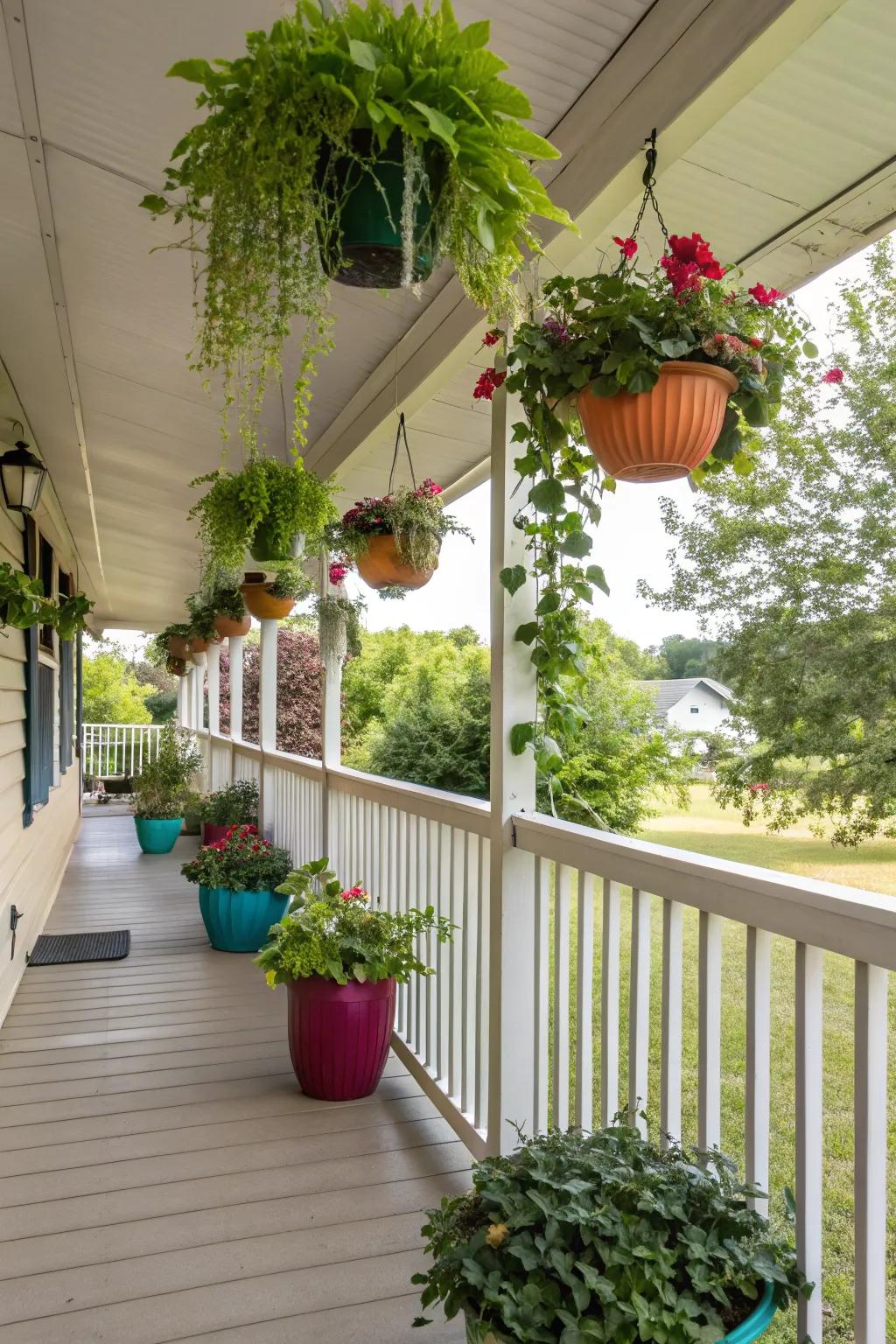 Hanging plants create a lush, vertical garden on your porch.