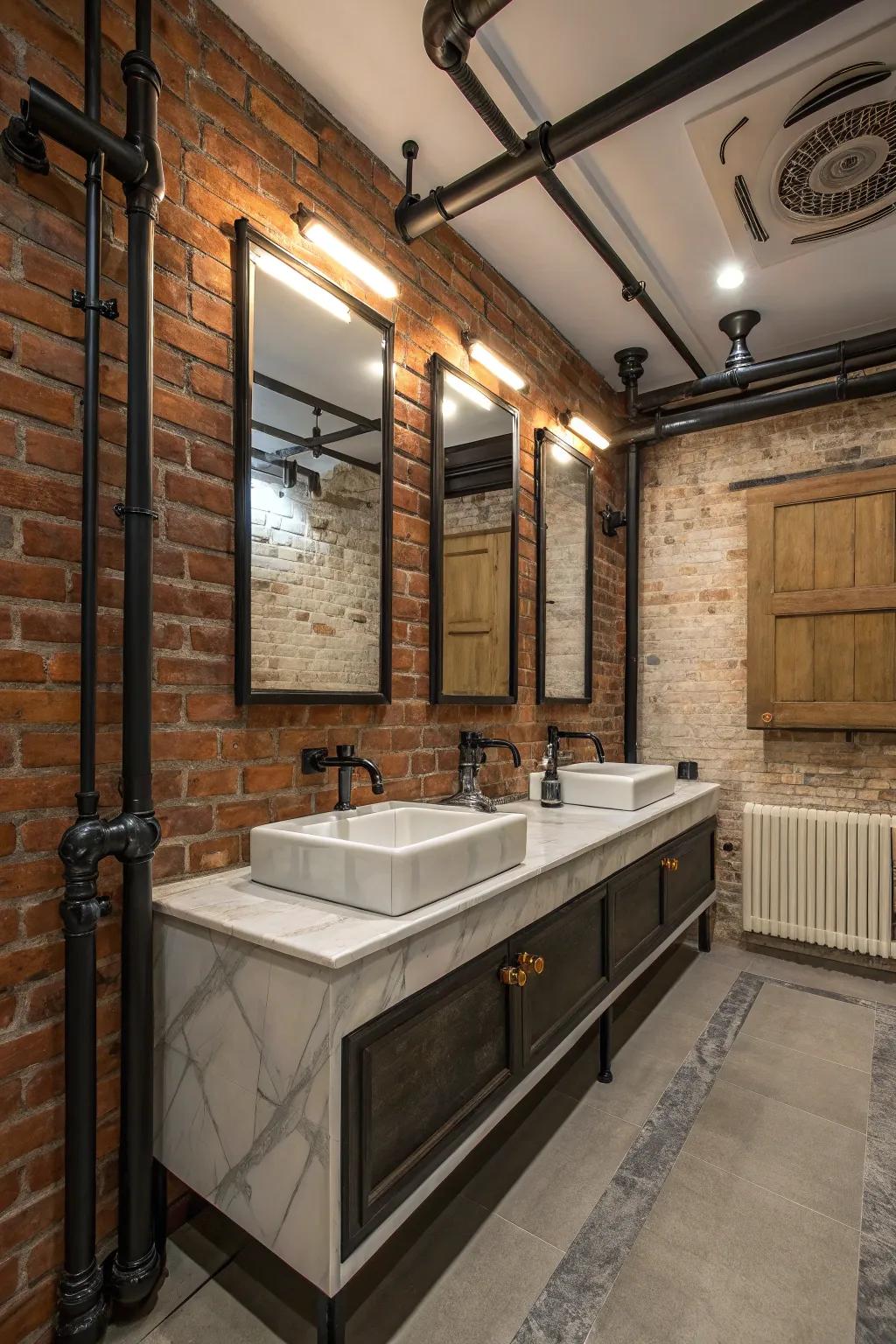 A bathroom merging industrial elements with elegant touches.