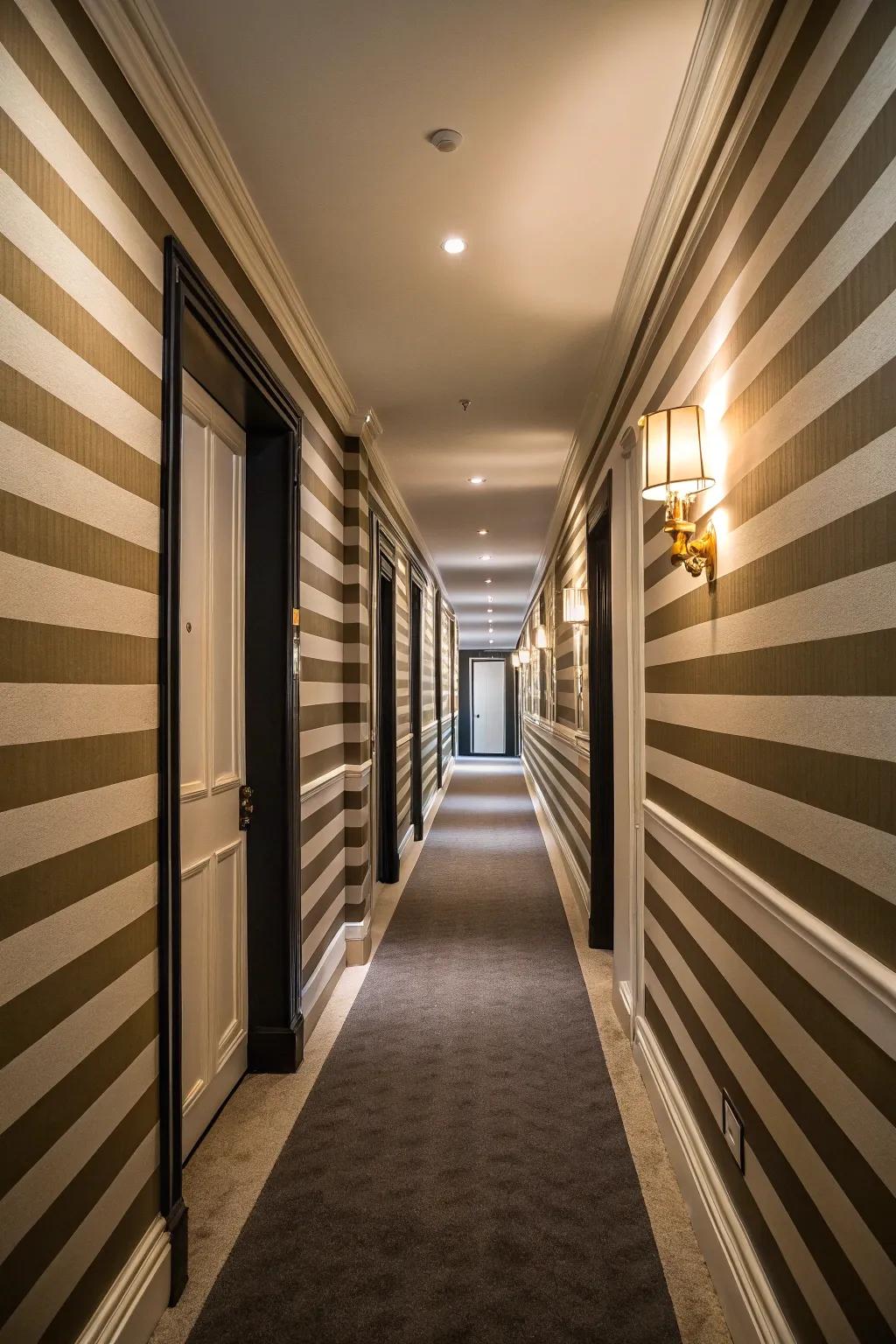 Contrasting edges on stripes add drama to this striking hallway.