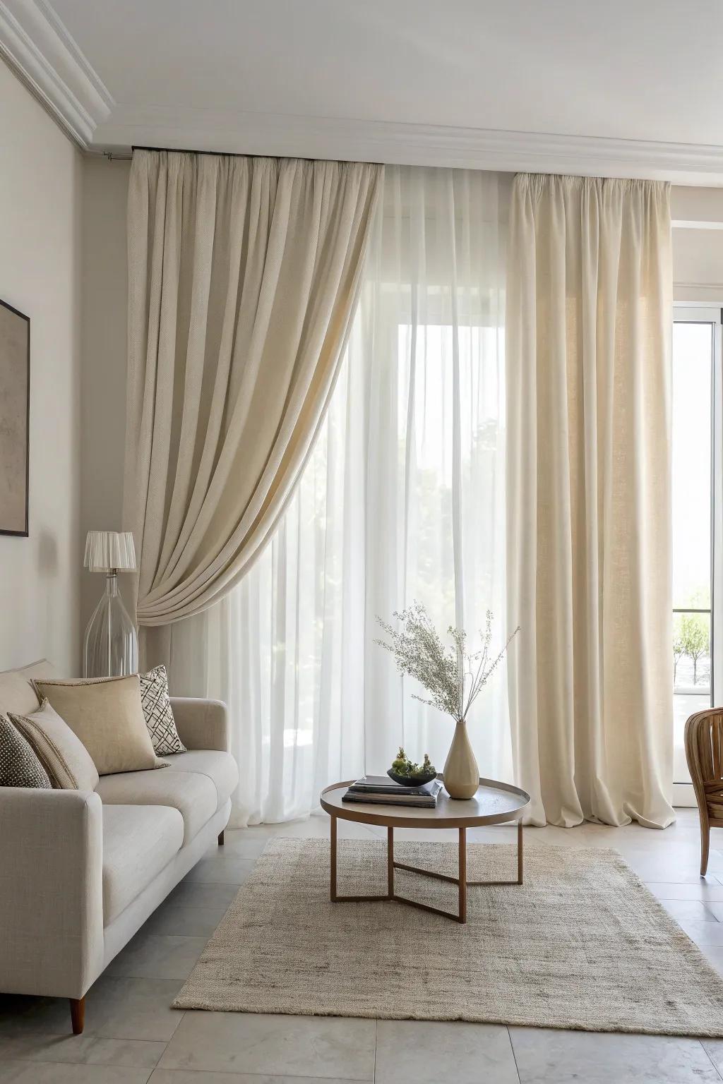 Minimalist curtains complement a clean and uncluttered decor.