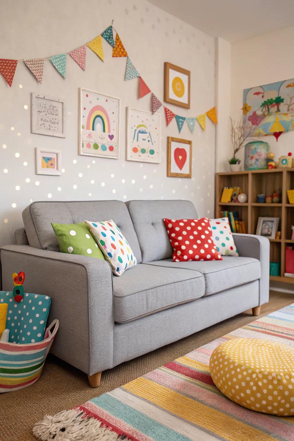 Polka dots bring a playful charm to a grey sofa.