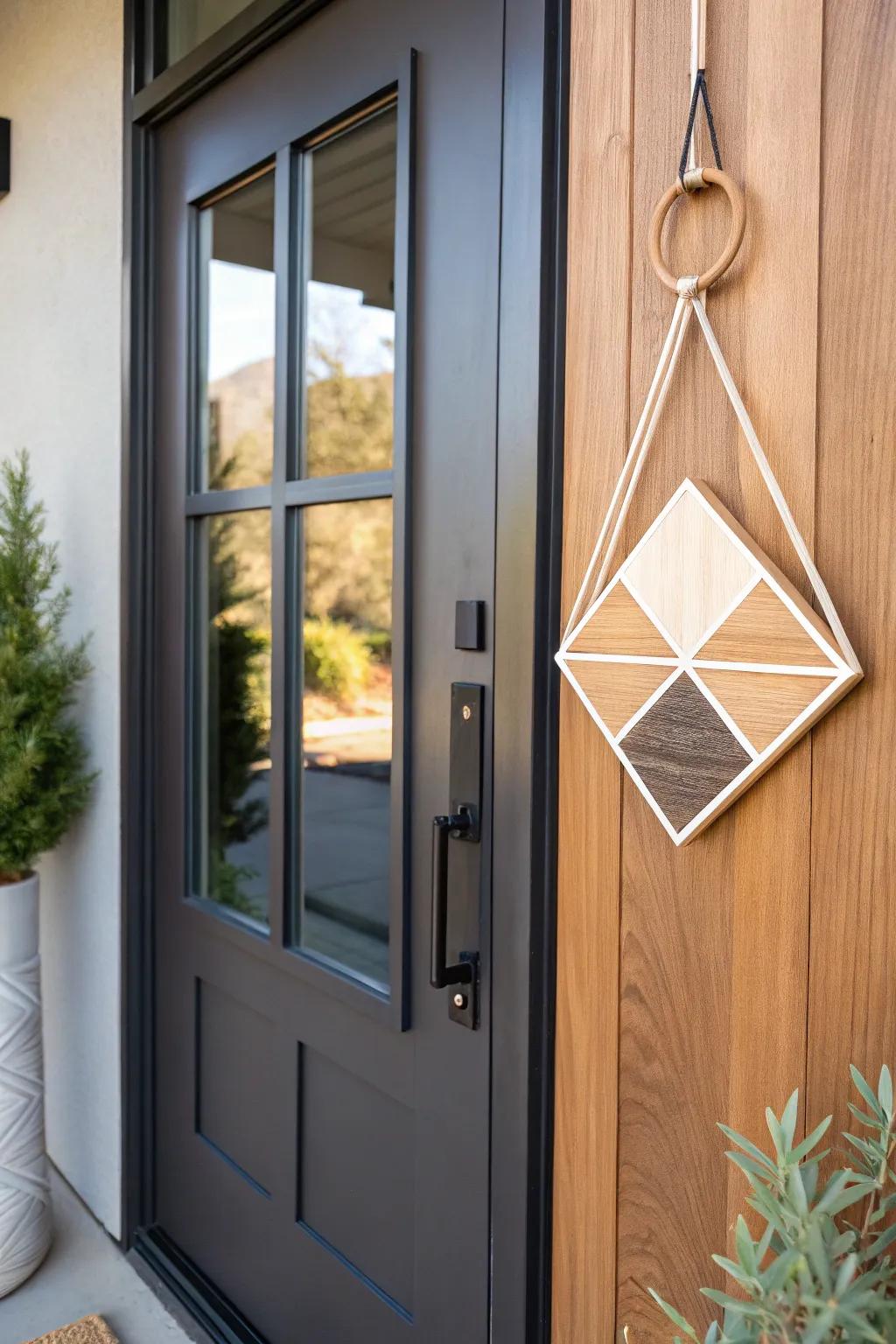 A geometric wood door hanger that adds artistic flair.