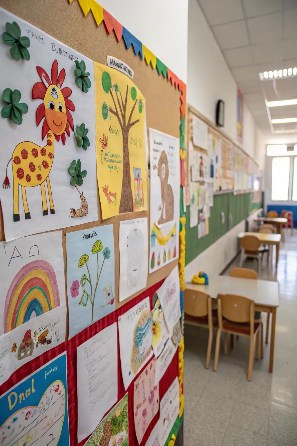 Crafty Creatures bulletin board showcasing children's artwork.