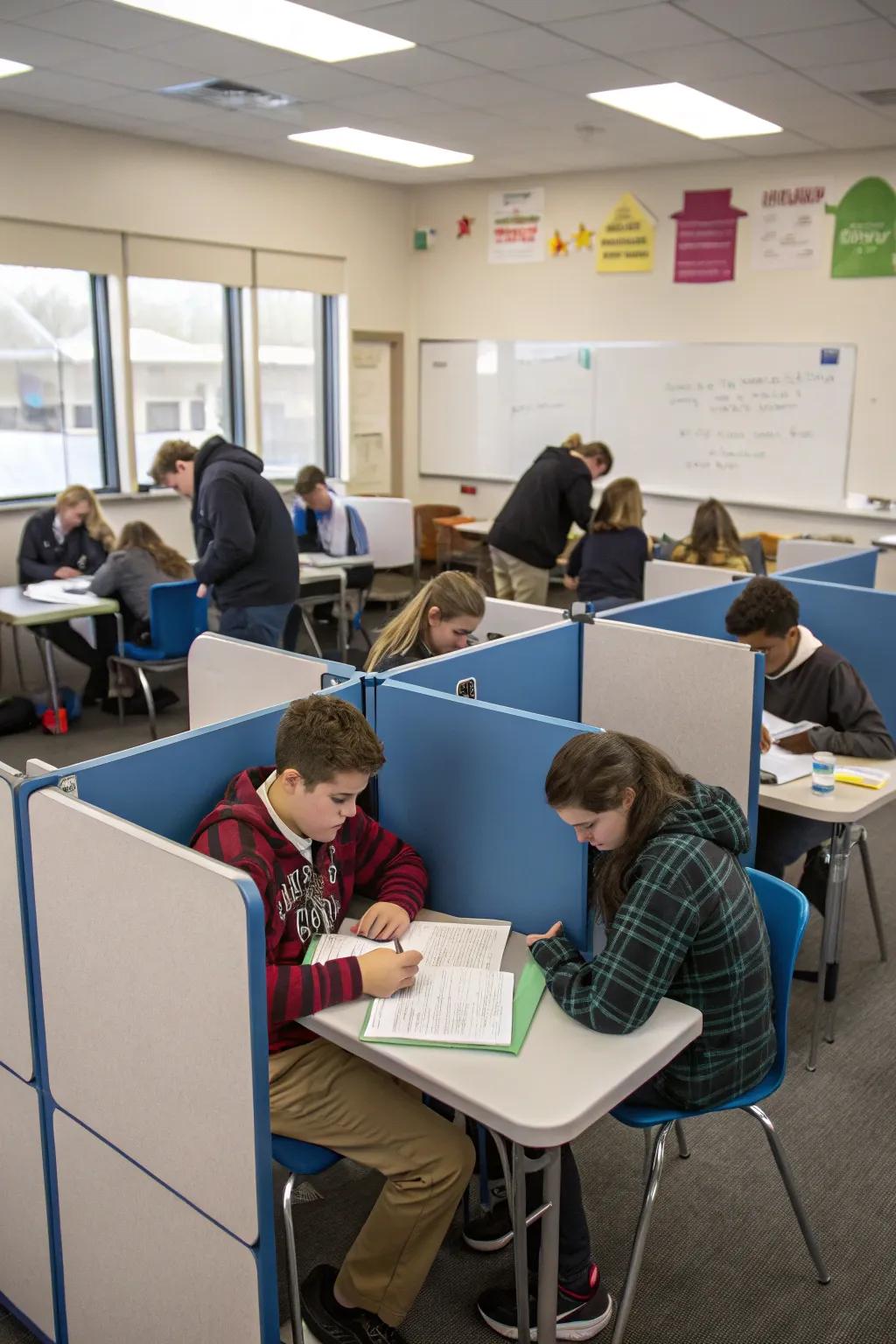 Island pod desk arrangements create focused, collaborative learning zones.