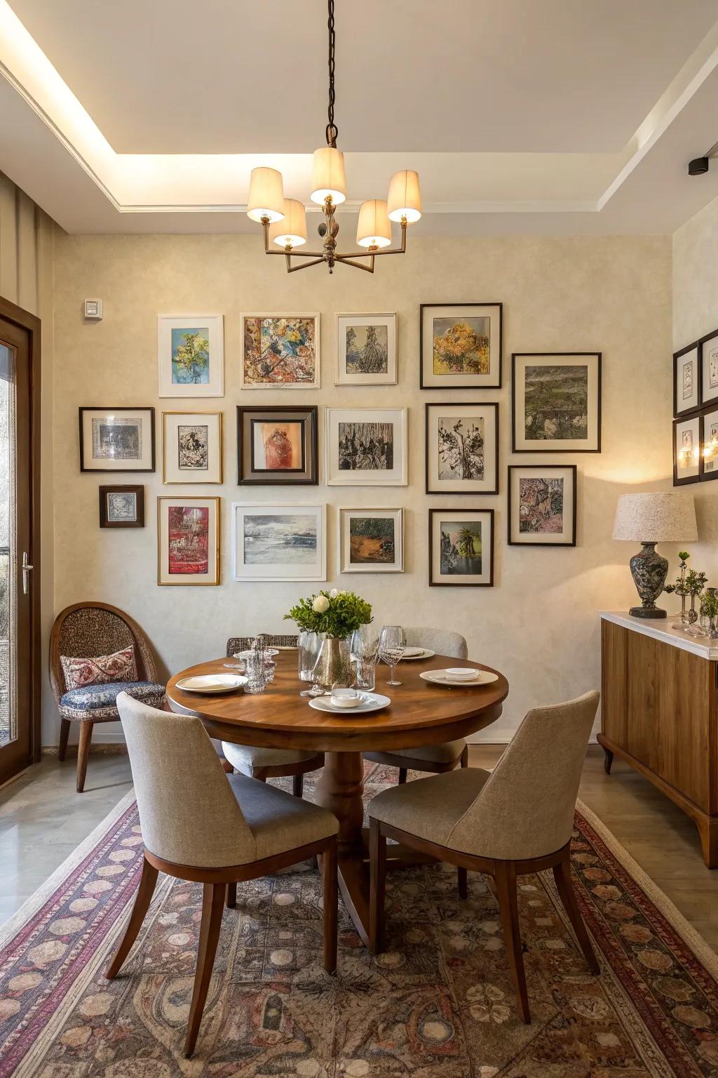 A feature wall that elevates the dining space with a curated art collection.