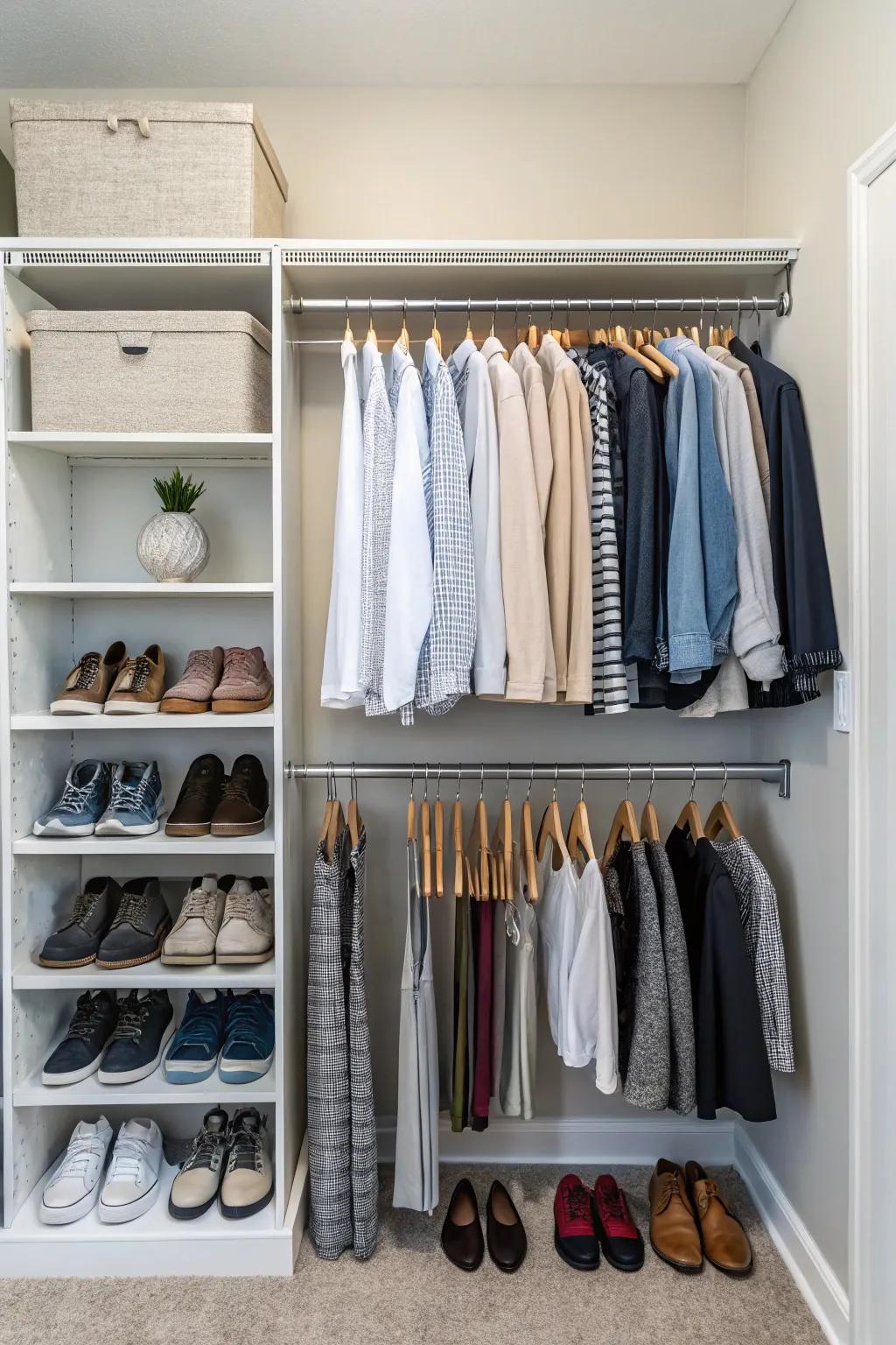 Shoe shelves maximize space and keep shoes in order.