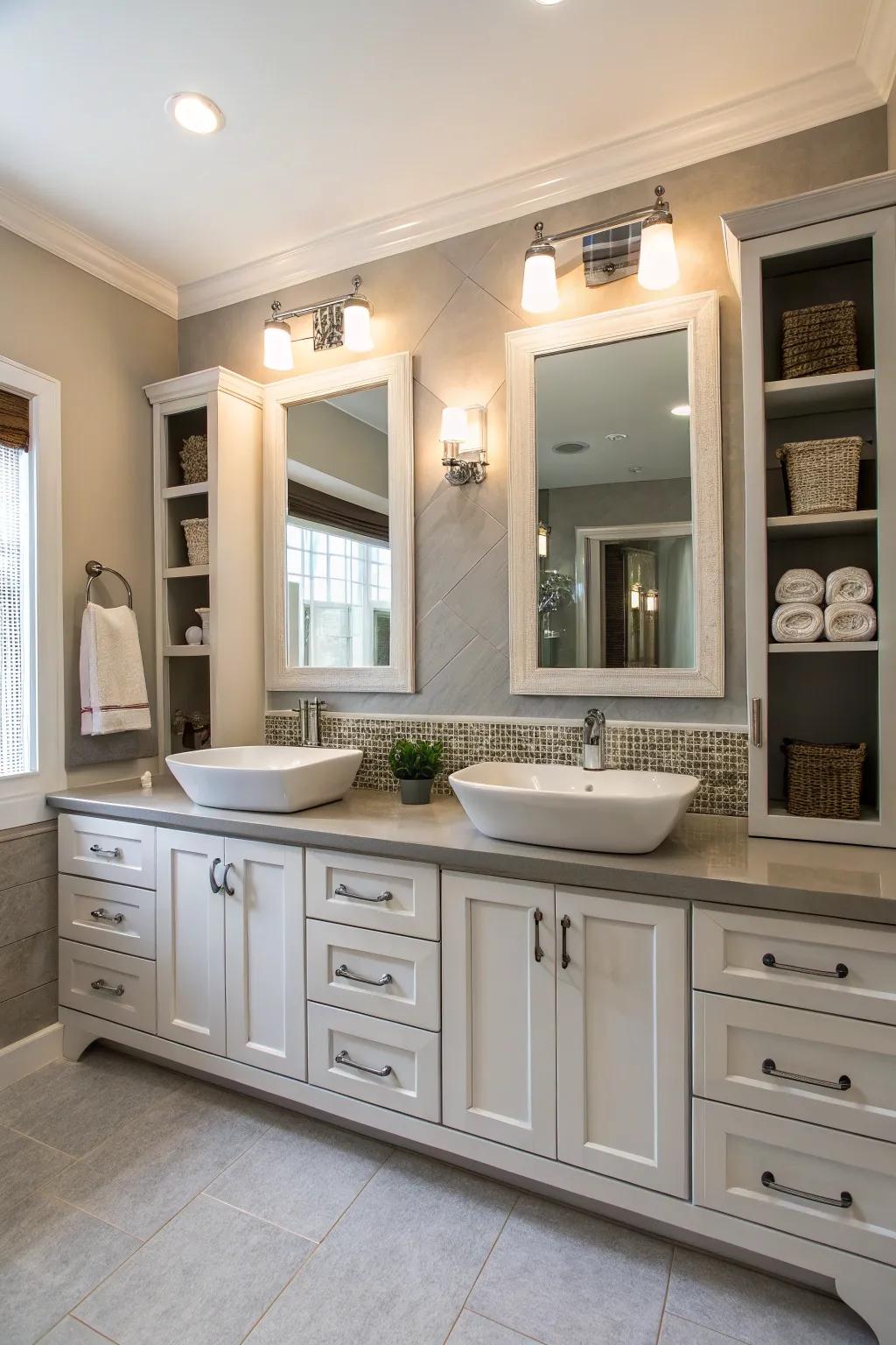 Double storage solutions keep the vanity organized.