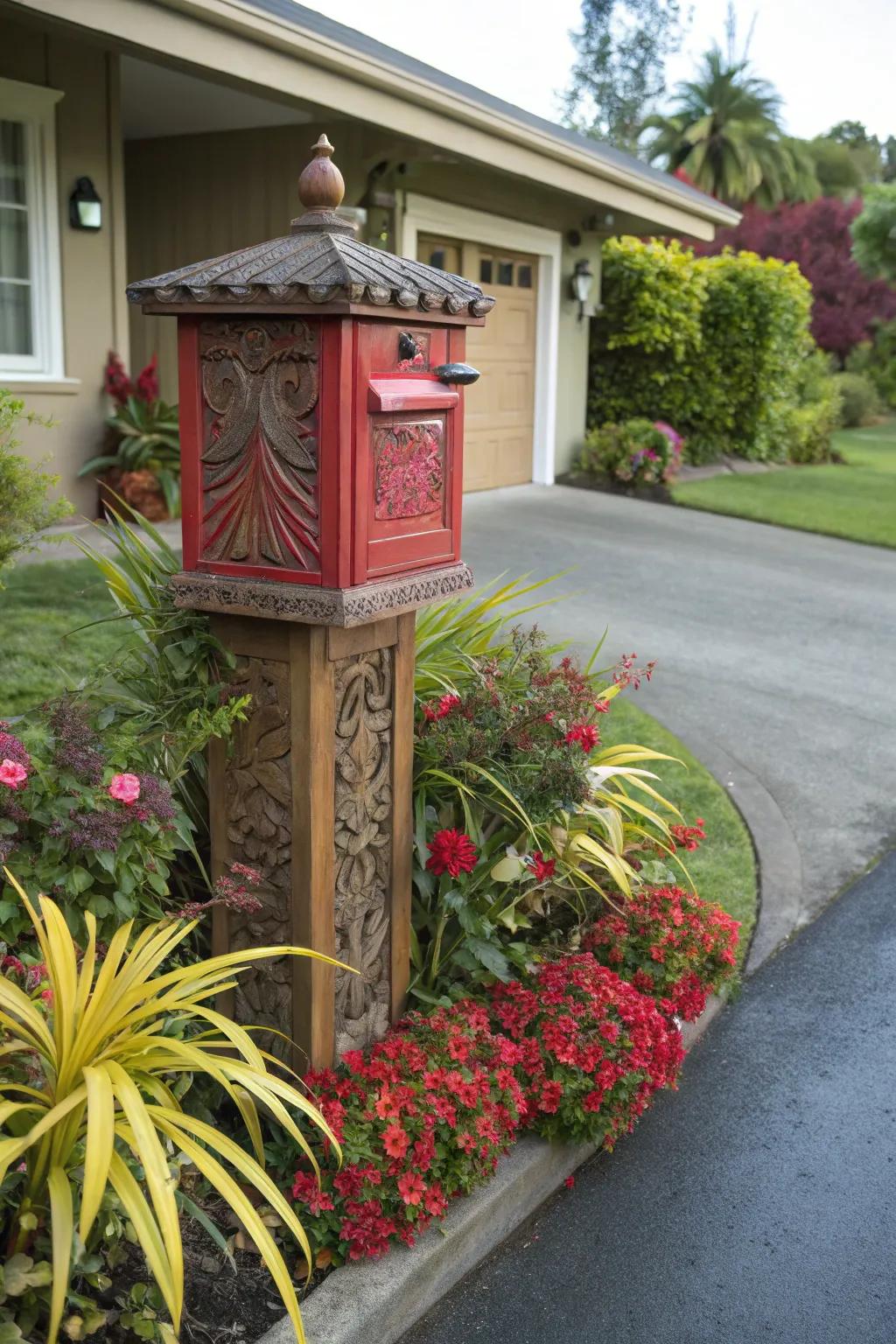 A creative letterbox serves as a charming focal point at this entrance.