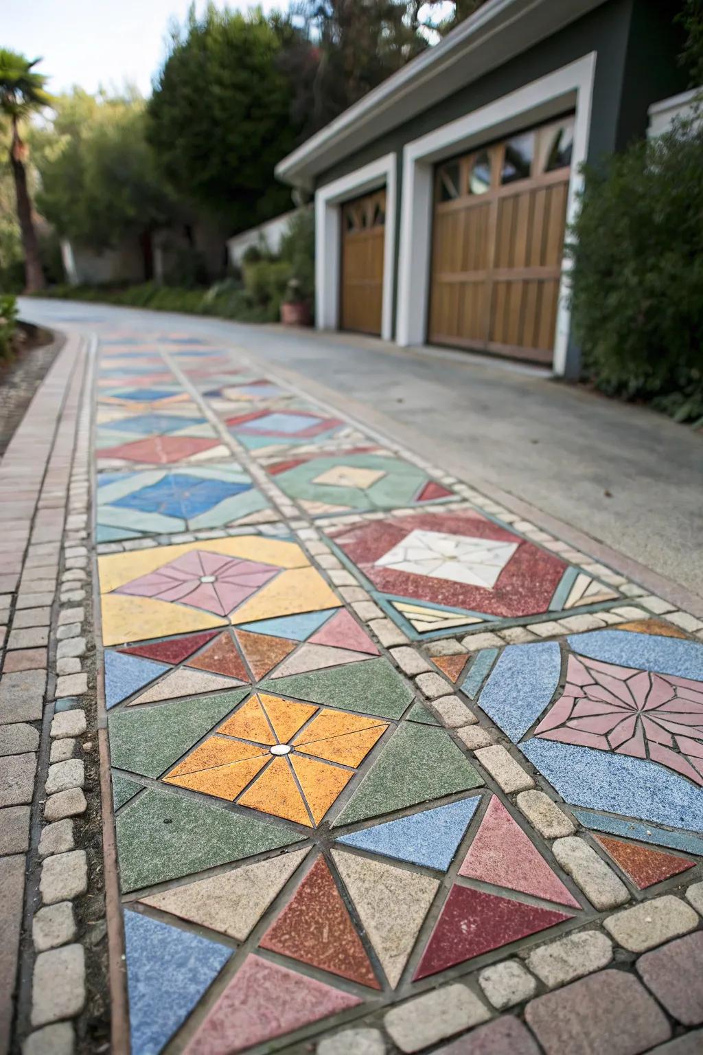 Mosaic designs transform driveways into artistic expressions.