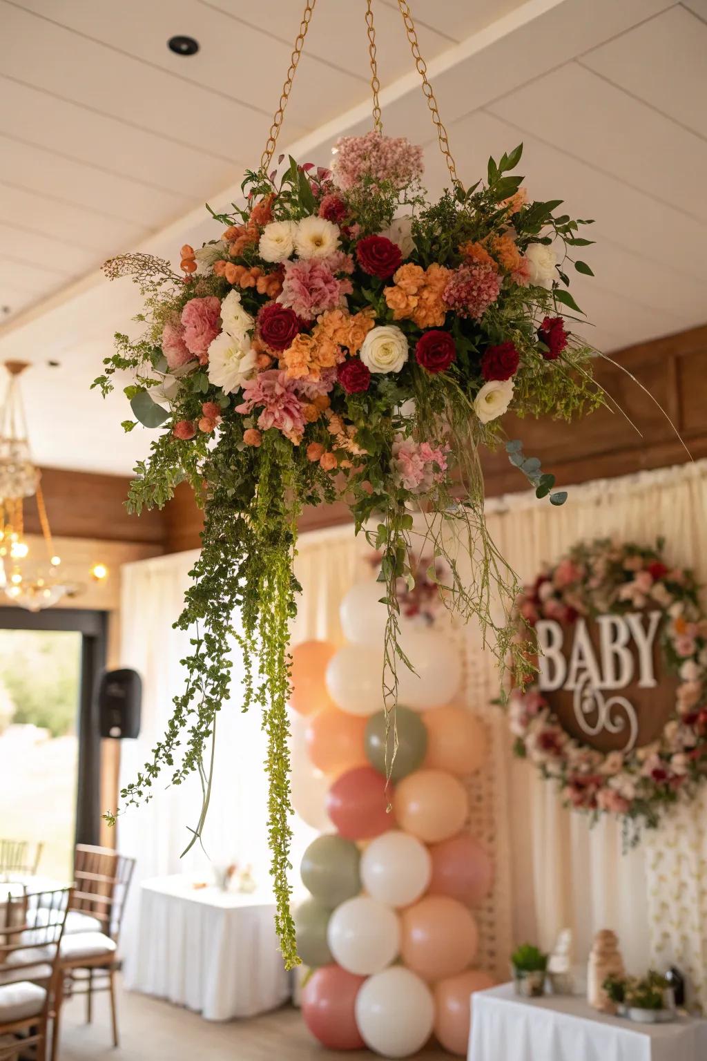 Hanging florals create an elegant focal point.