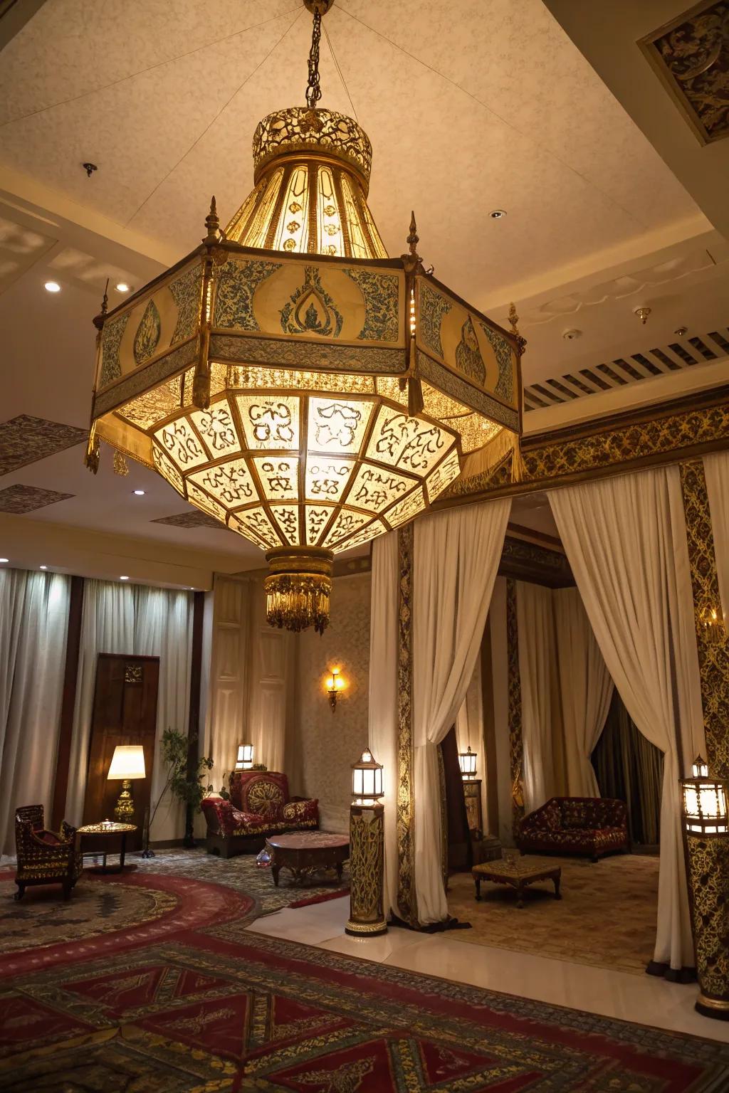 Chandeliers with Egyptian designs illuminate with style.