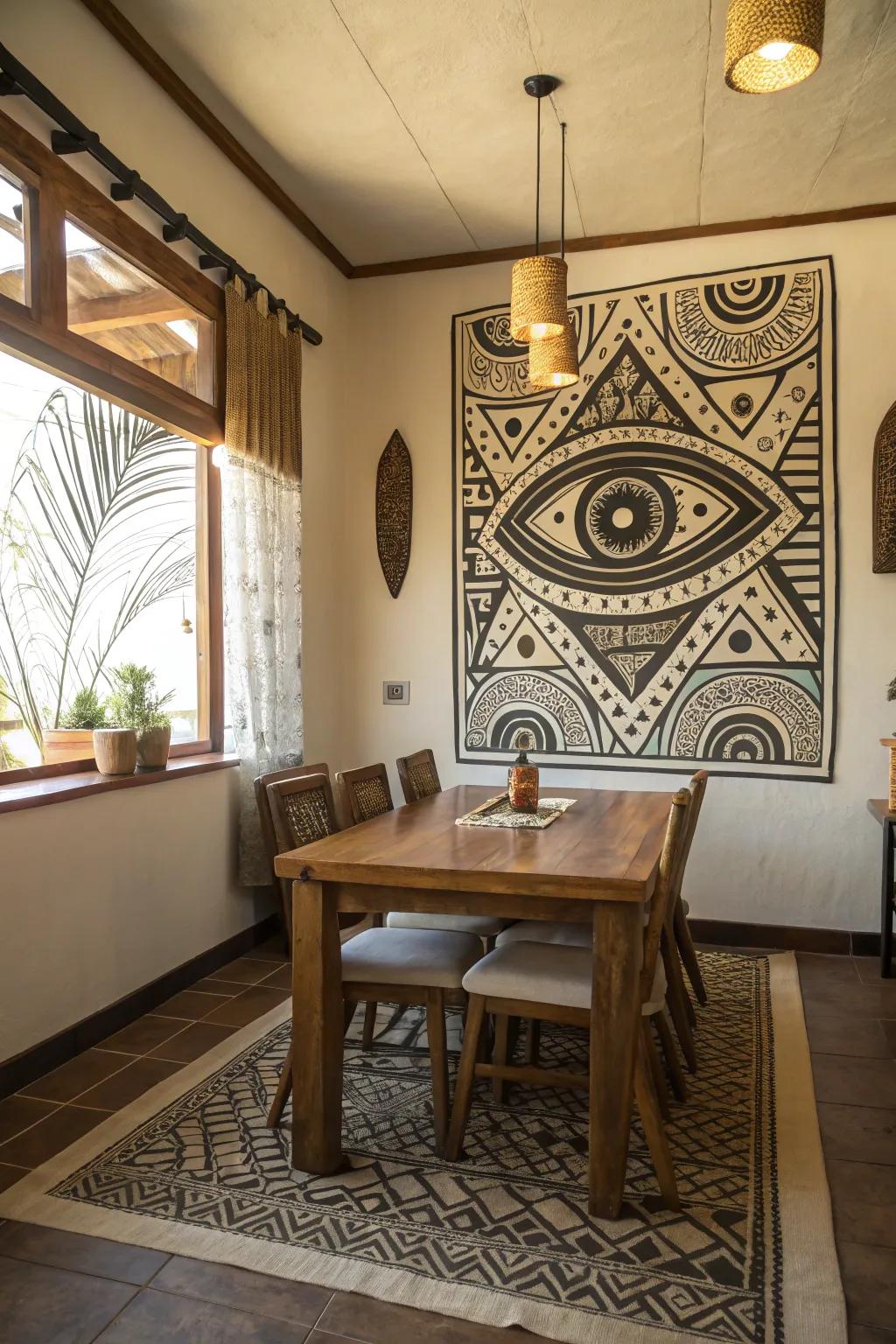 A ethnic pattern picture introducing an exotic touch to the dining room.