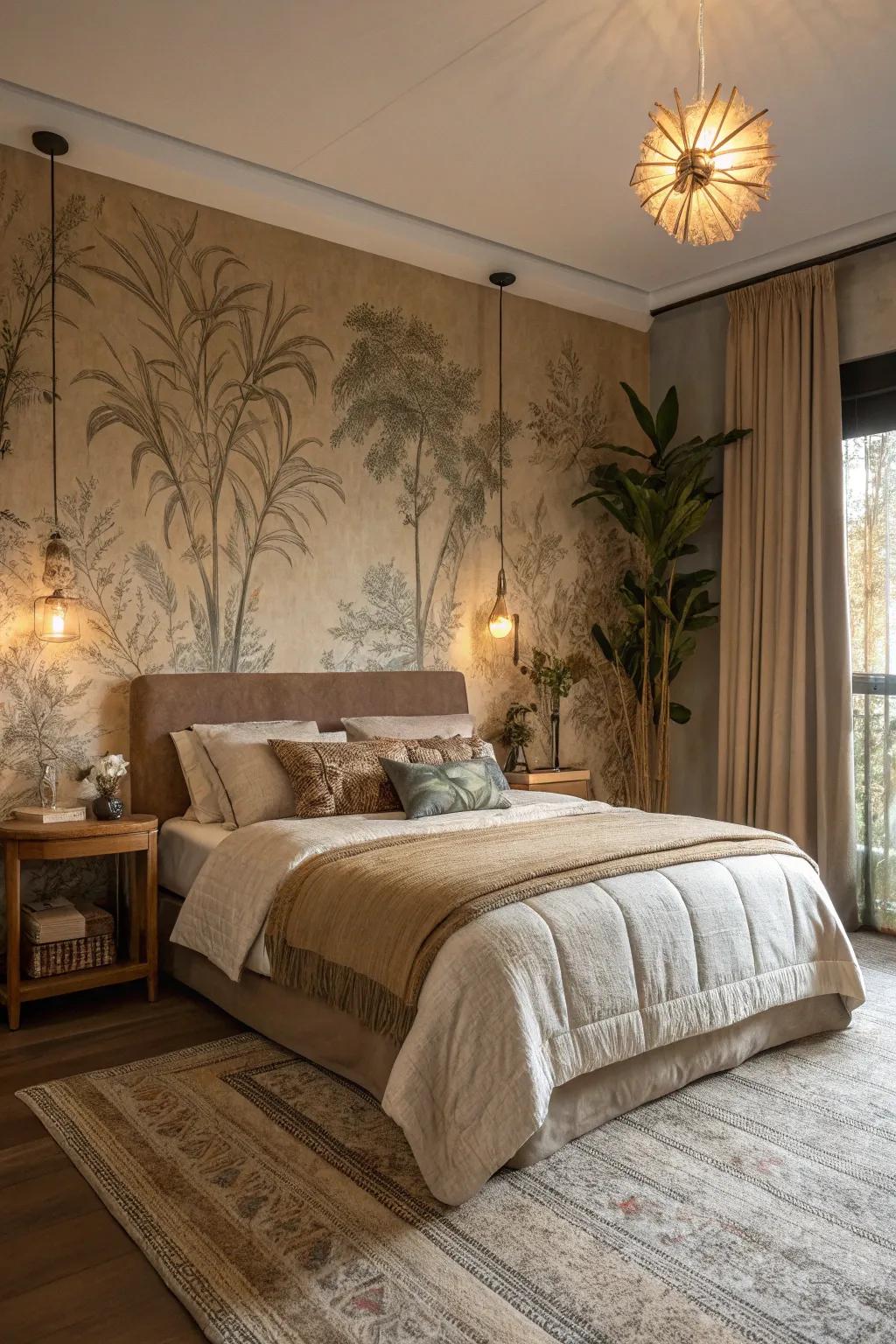 Warm earthy tones in fabric wallpaper create a serene oasis.