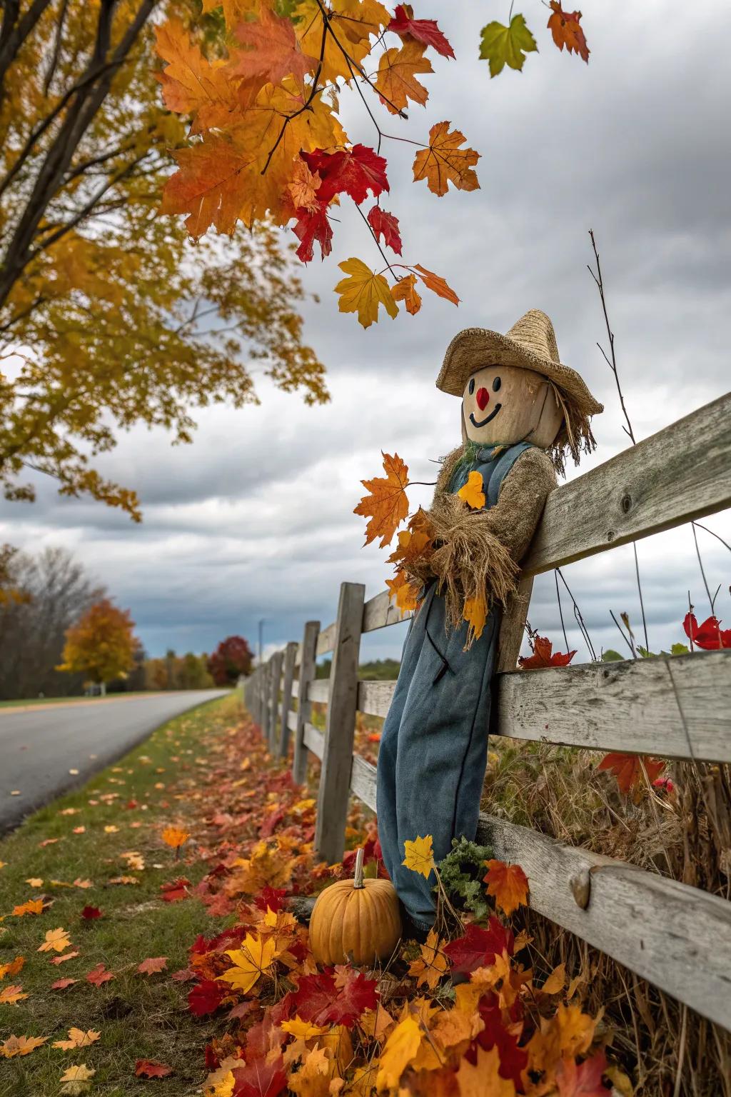 A friendly scarecrow adds whimsy to the fence.