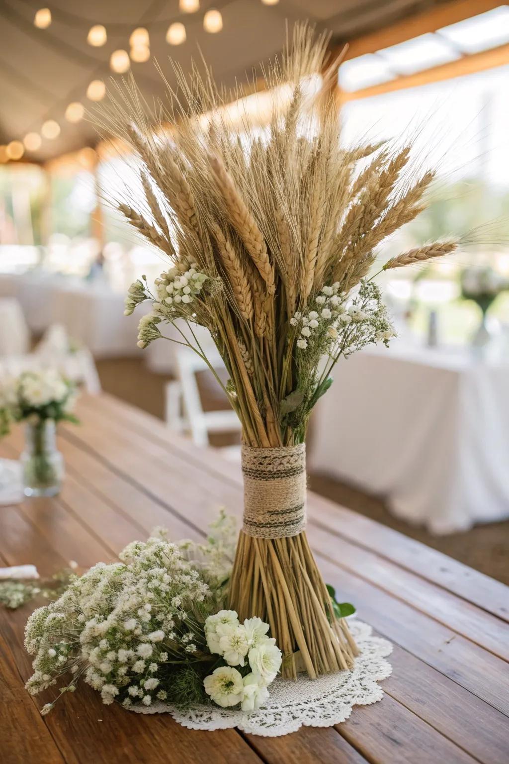 Bundled wheat adds rustic whimsy to this charming fall wedding centerpiece.