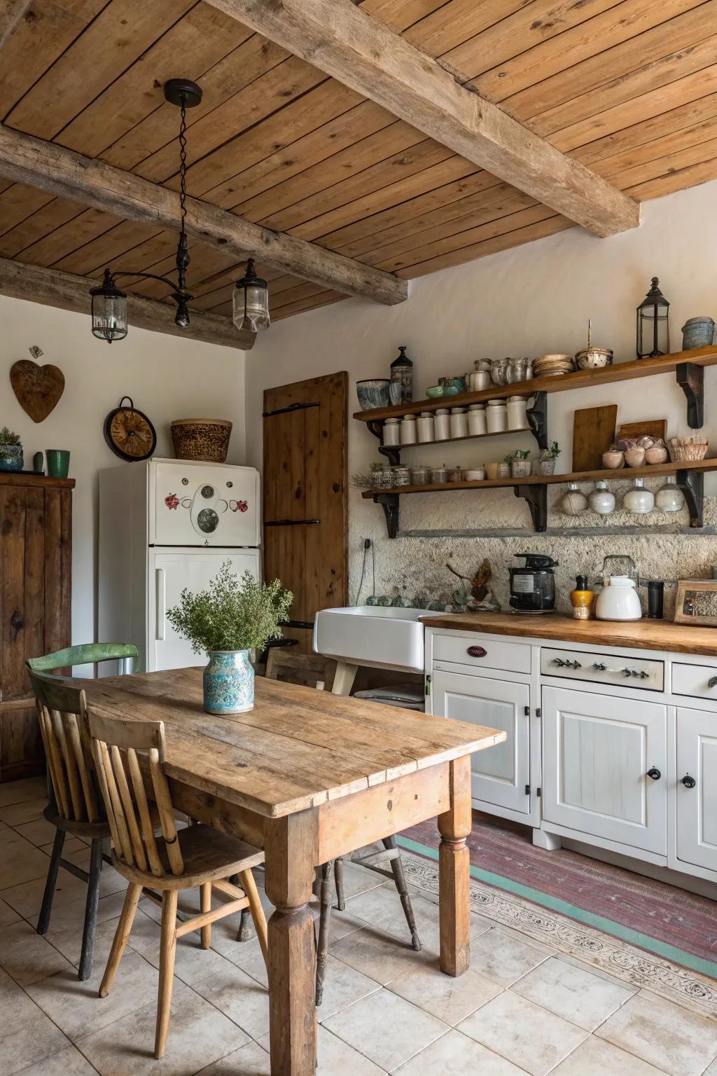 Wooden planks add warmth and texture to this farmhouse kitchen ceiling.