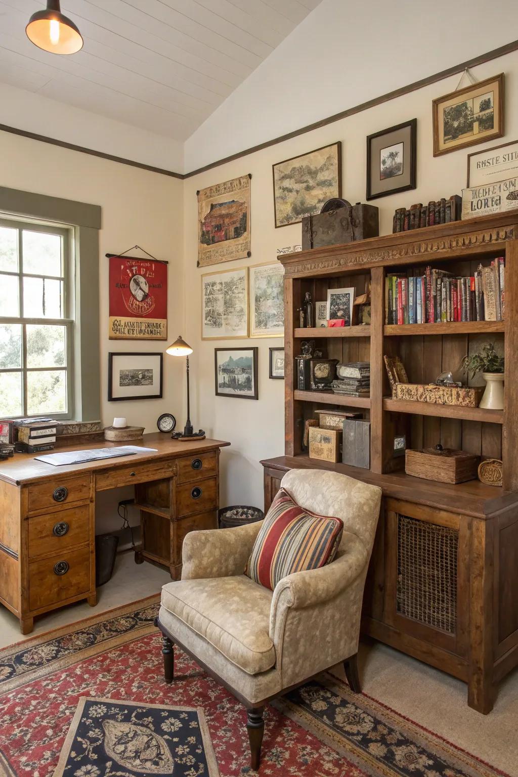 Repurposed furniture adds charm and history.