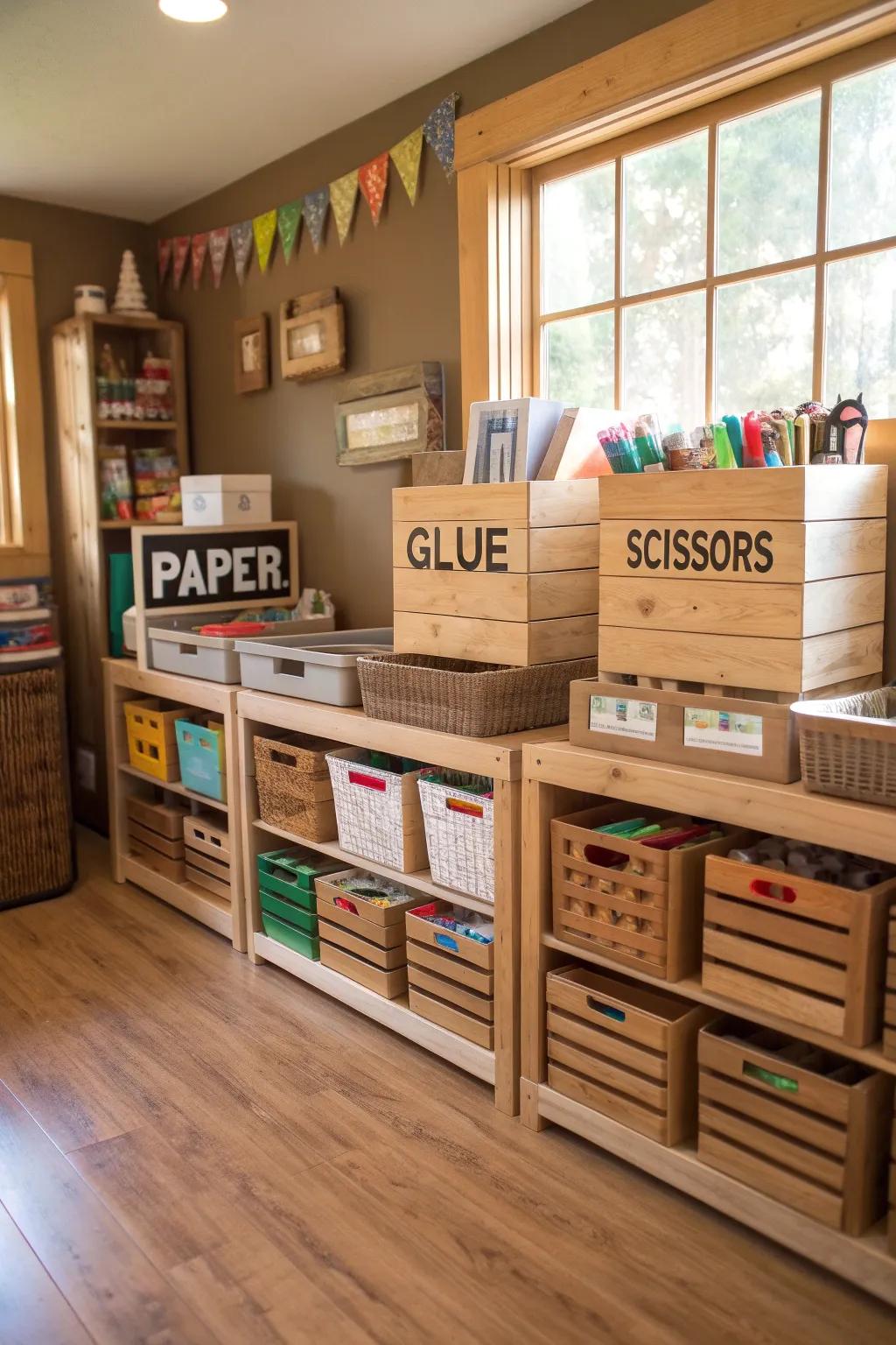 Keep your craft room tidy with crate organization.